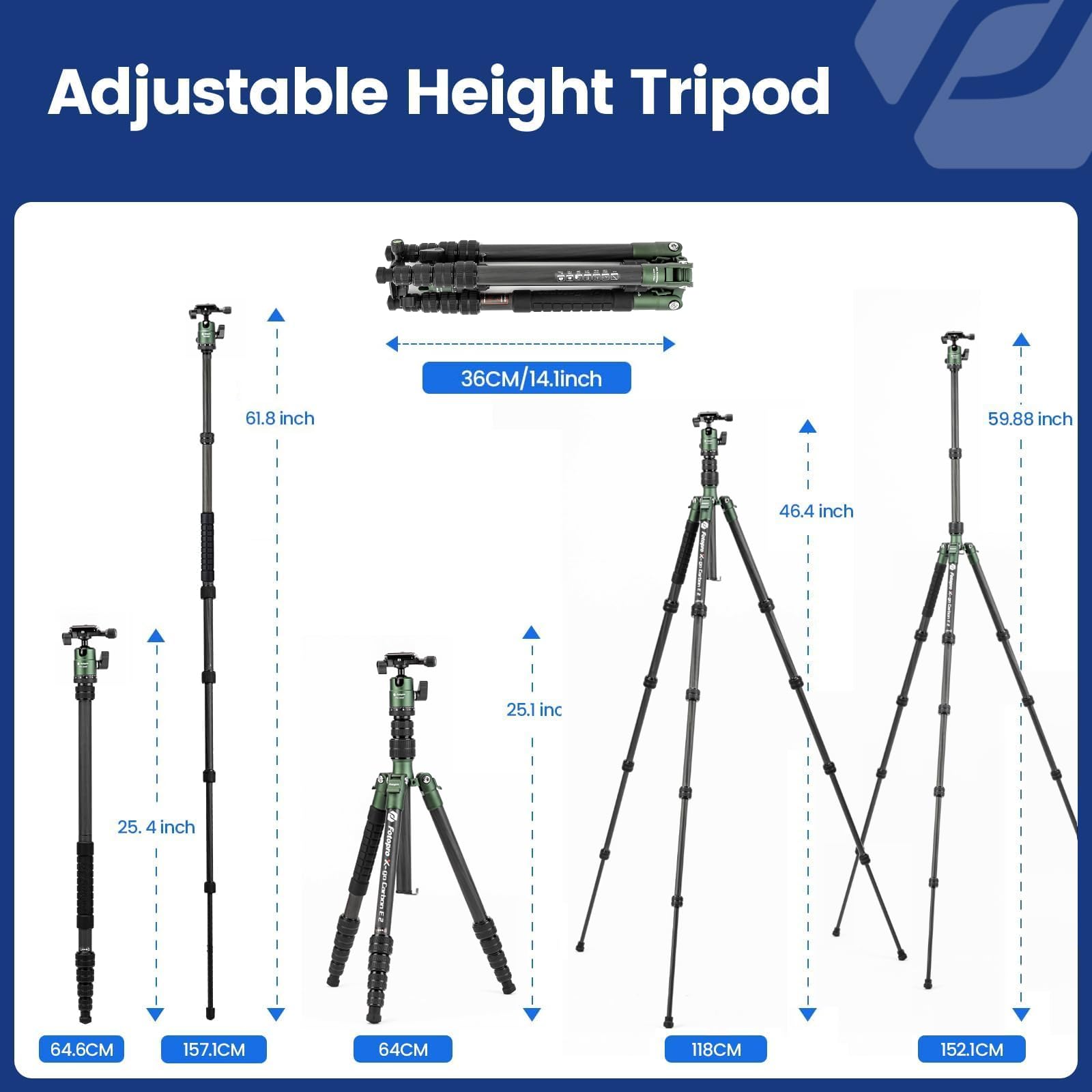 Fotopro 59'' Carbon Fiber Travel Tripod, Compact Camera Tripod With Ball Head, Detachable Monopod With Quick Release Plate And B