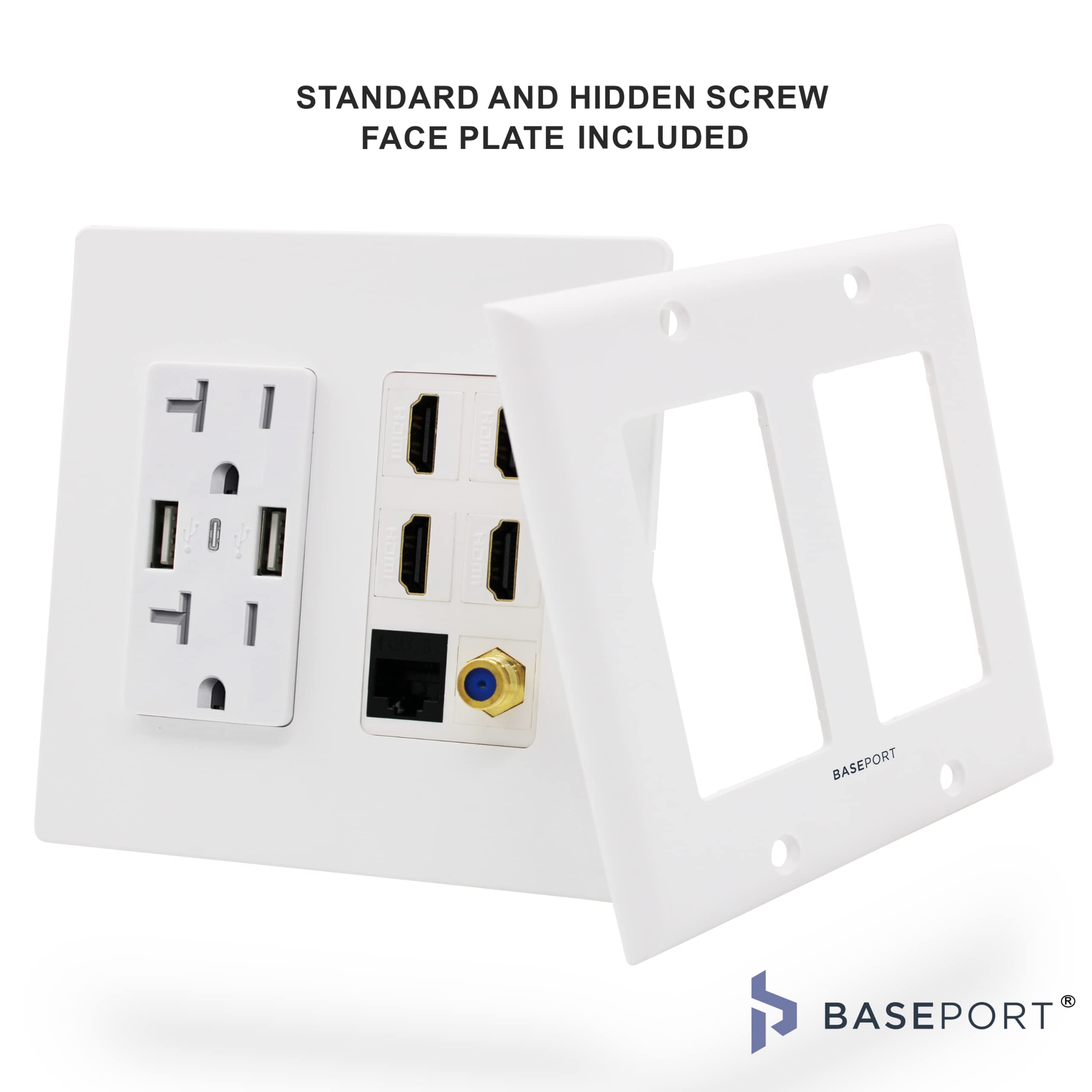 Baseport Premium Media Outlet Wall Plate   6.3A Usb Wall Outlet 2 Usb A 2.0 + 1 Usb C 3.0, 20A Dual Power Outlet, 4 Hdmi Keyston