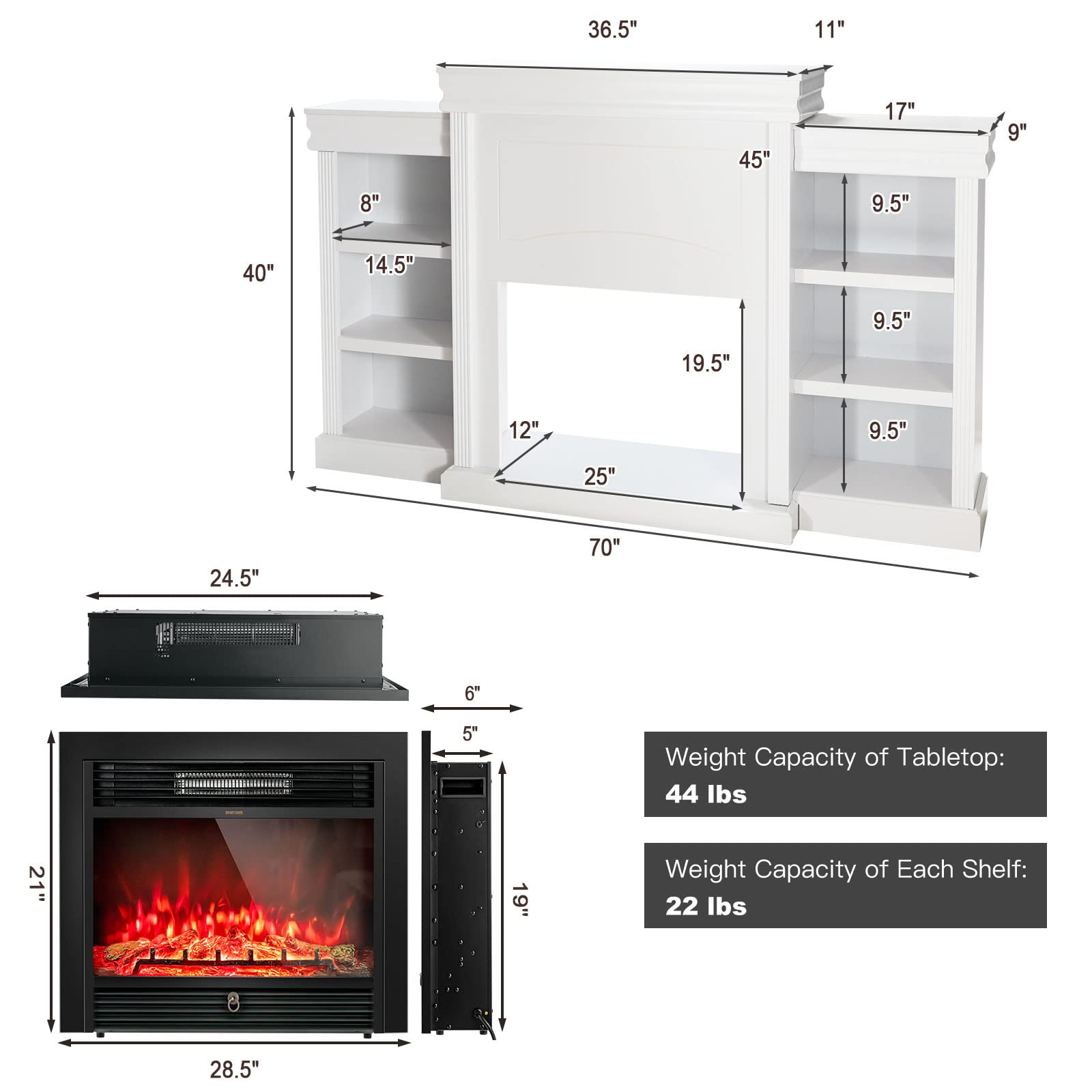 Tangkula 70 Inches Mantel Fireplace, 750W/1500W Electric Fireplace W/Mantel & Built In Bookshelves, 28.5 Inch Electric Fireplace