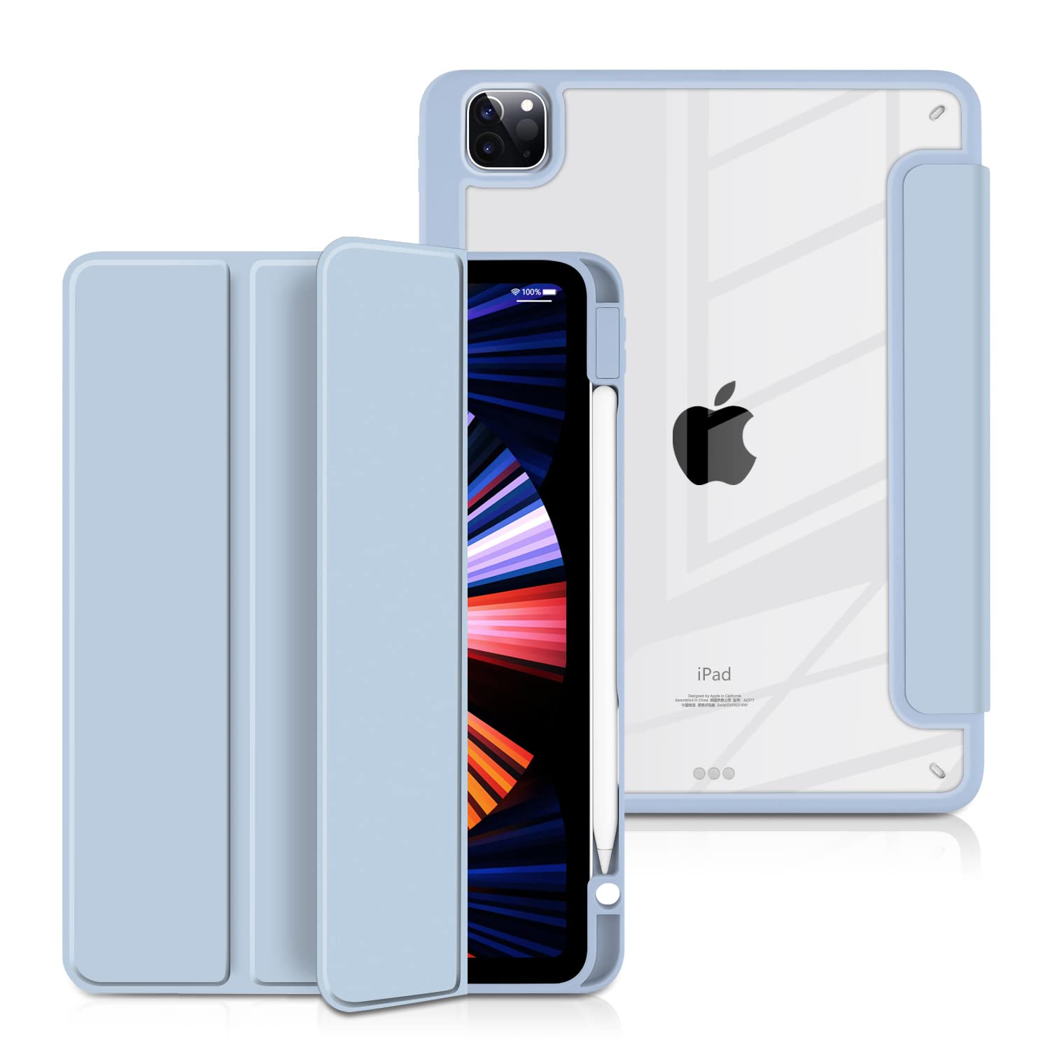 Batianda Hybrid Case For Ipad Pro 12.9 Inch 2022 M2 2021 5Th / Ipad Pro 12.9' 4Th/3Rd Gen [Built In Pencil Holder] Shockproof Cover With Clear Back Shell Tpu Bumper,Blue