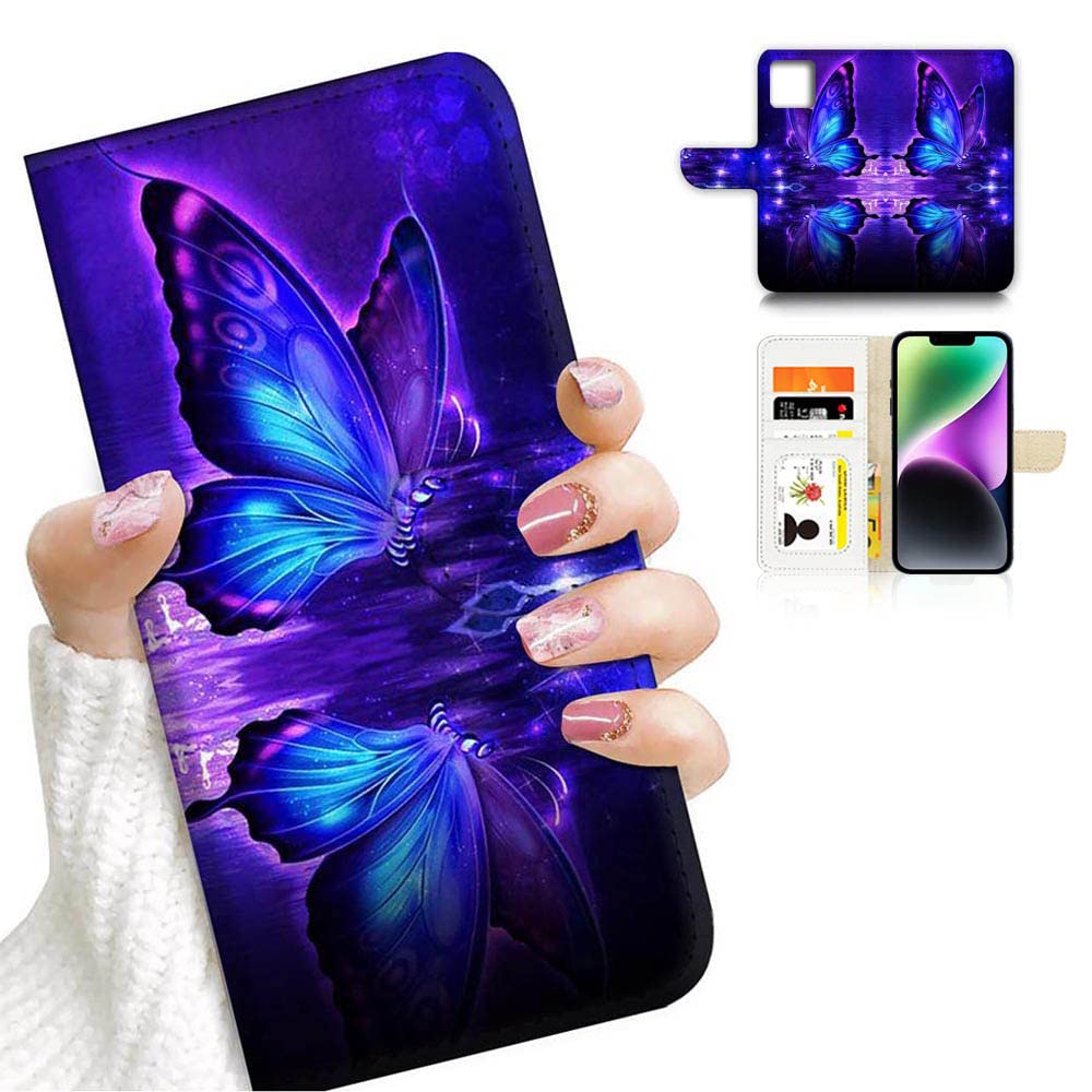 Ajourtek For Iphone 14 Art Designed Flip Wallet Style Cover Case Fancy Flower Full Body Protection Ad003 (#24885 Butterfly)