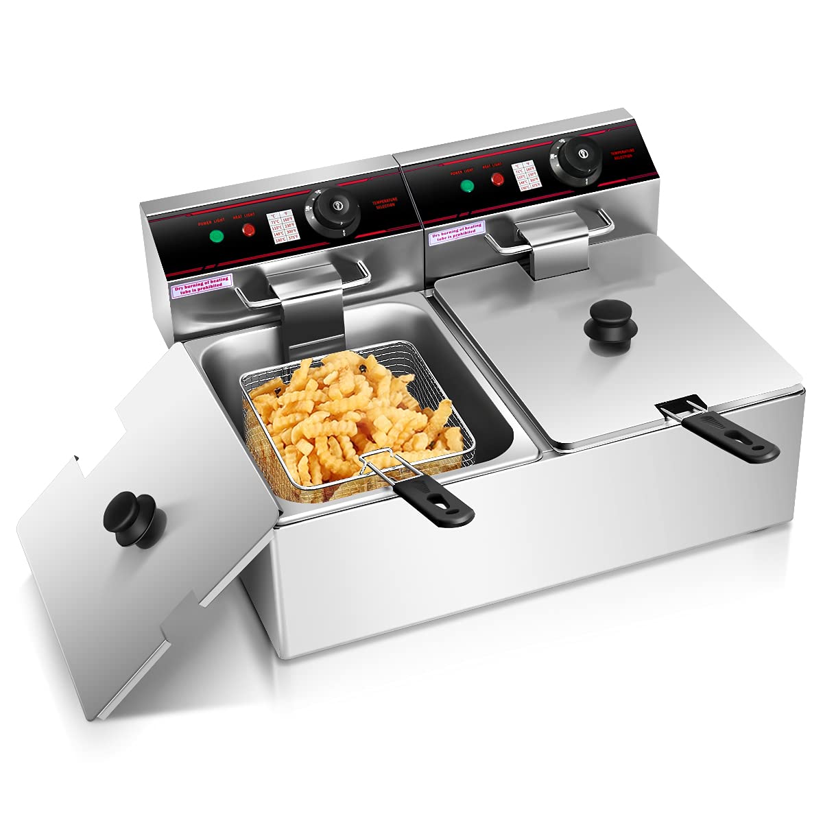 Giantex 3400W Commercial Deep Fryer Dual Tank, 12.8Qt Stainless Steel Electric Deep Fryer With 2 Baskets, Lids And Temperature C
