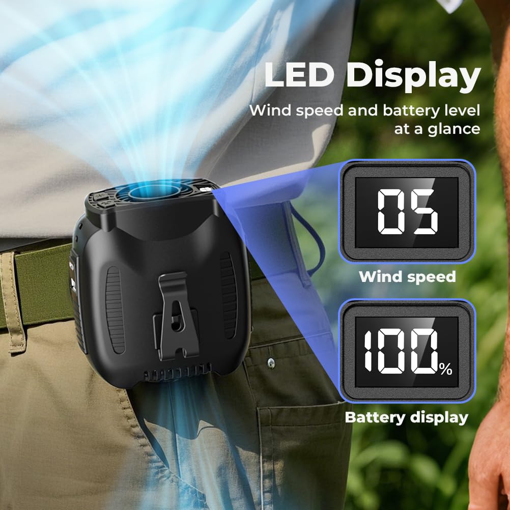Vosfeel 16000Mah Portable Waist Fan Rechargeable, 16000Rpm 5-Speeds Strong Airflow, 48H Runtime With Flashlight, Personal Wearab