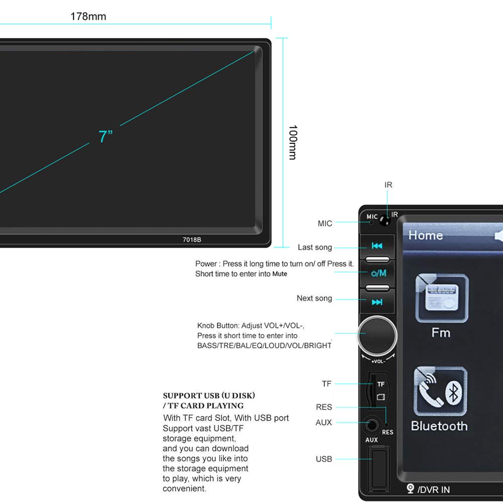 Camecho Car Radio Double Din Car Stereo 7' Lcd Touch Screen In Dash Head Unit With Bluetooth Support Mirror Link/Dvr/Usb/Fm/Sd/Mic Mp3 +Rear View Camera& Remote Control