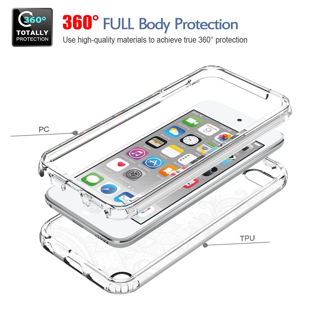 Tothedu Phone Case For Ipod Touch 6/Touch 5/Touch 7 Case With Tempered Glass Screen Protector, Cute Clear Mandala Pattern Full B