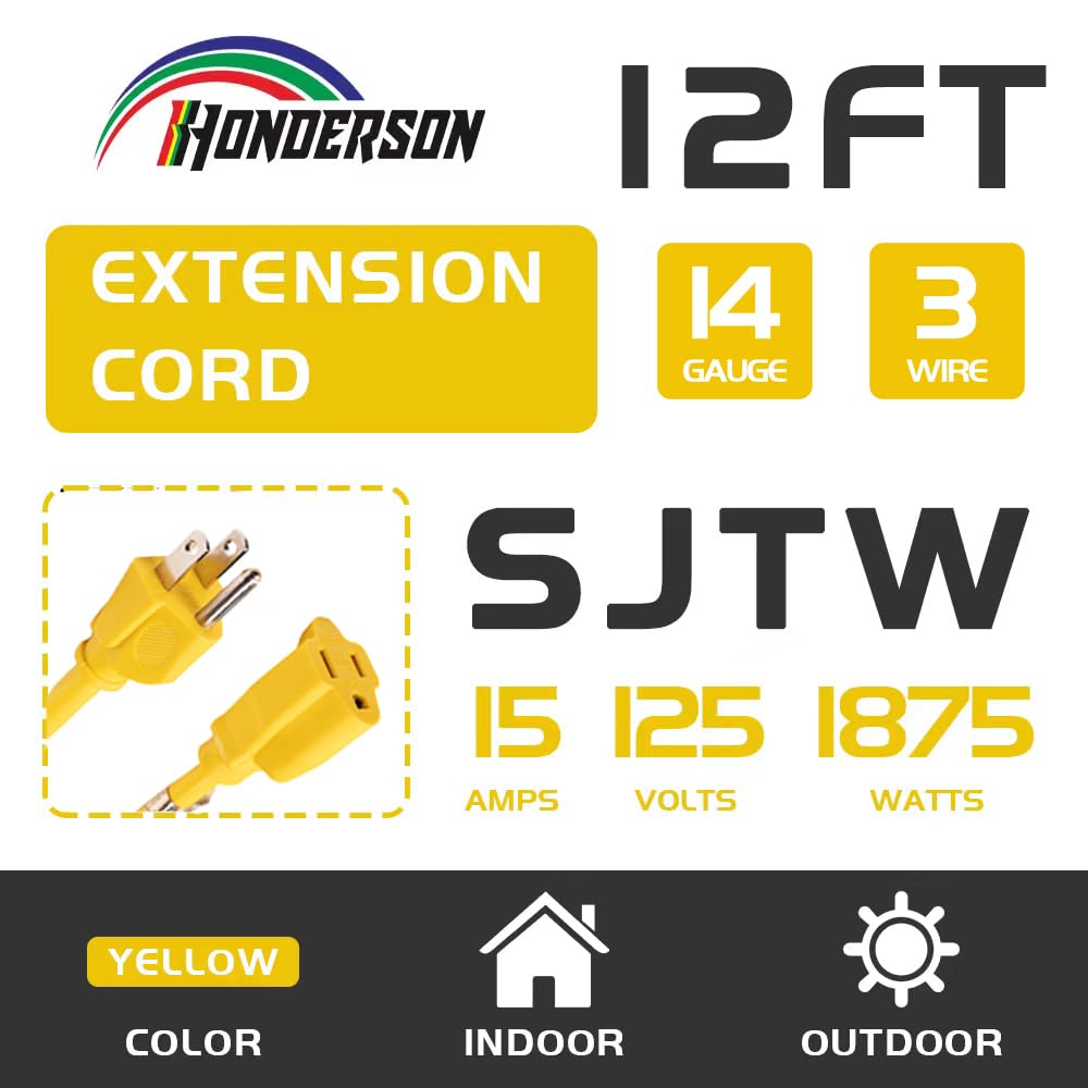 Honderson Indoor Outdoor Extension Cord Weatherproof, Ul Listed, 14 Gauge 12Ft Yellow 3 Prong Heavy Duty, 14/3 Sjtw 15A Power Co