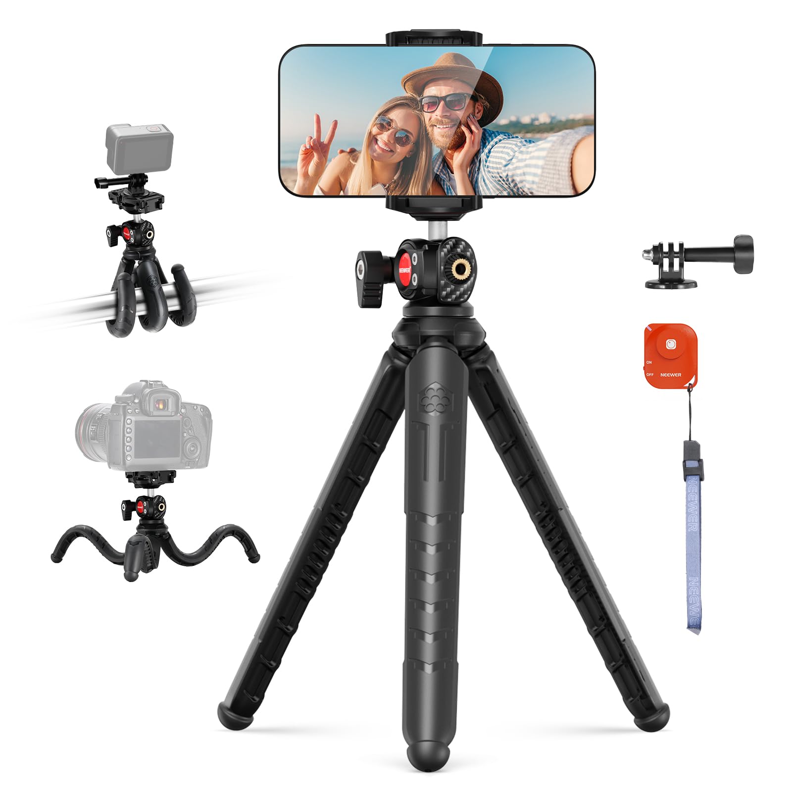 NEEWER Tripod for iPhone with Remote, Mini Flexible Phone Tripod Stand Vlog Selfie Stick with Phone Holder & Action Camera Adapt