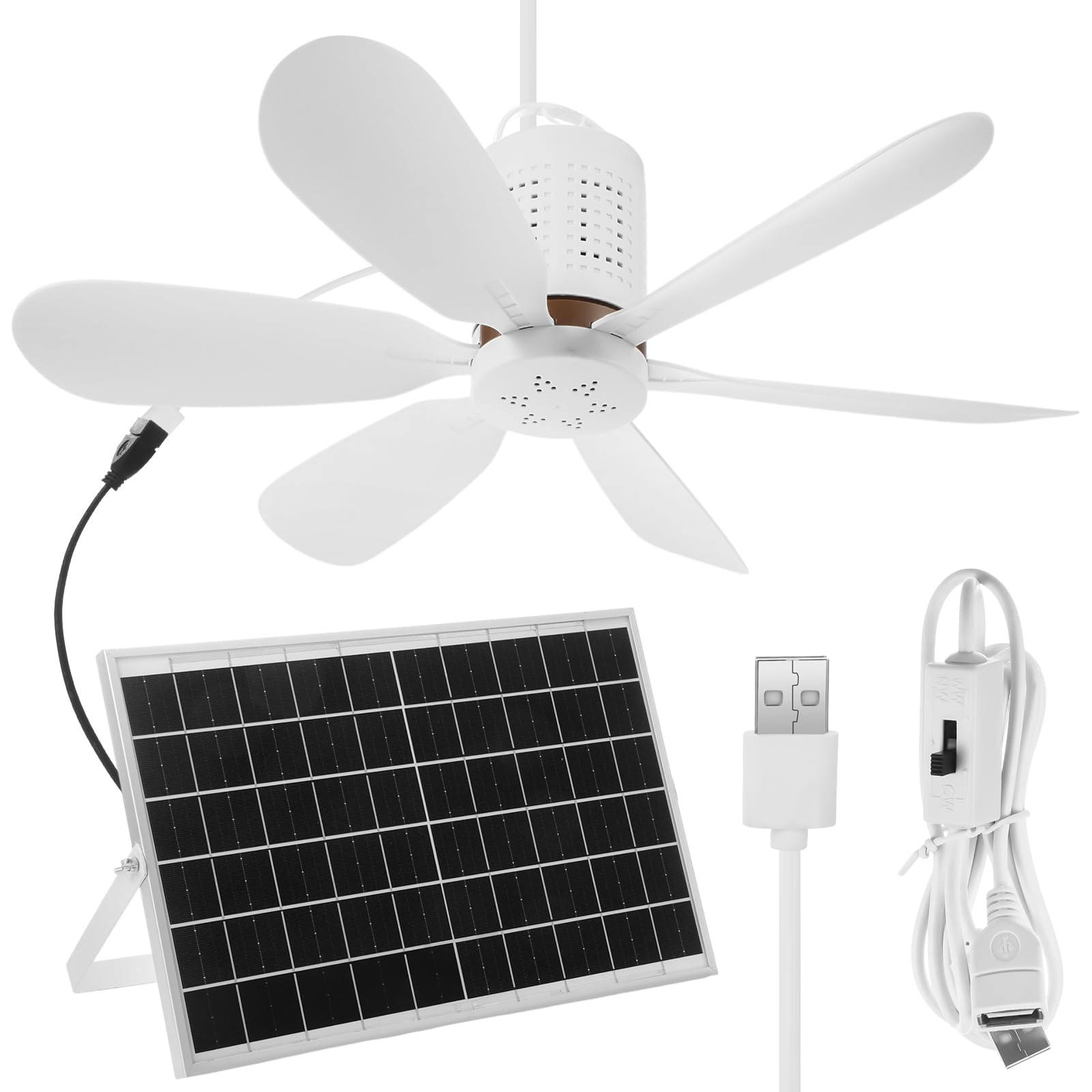 Kittmip 1 Set Portable Solar Ceiling Fan Kit 15w Monocrystalline Solar Panel USB Hanging Ceiling Fan with On/Off Button for Pati