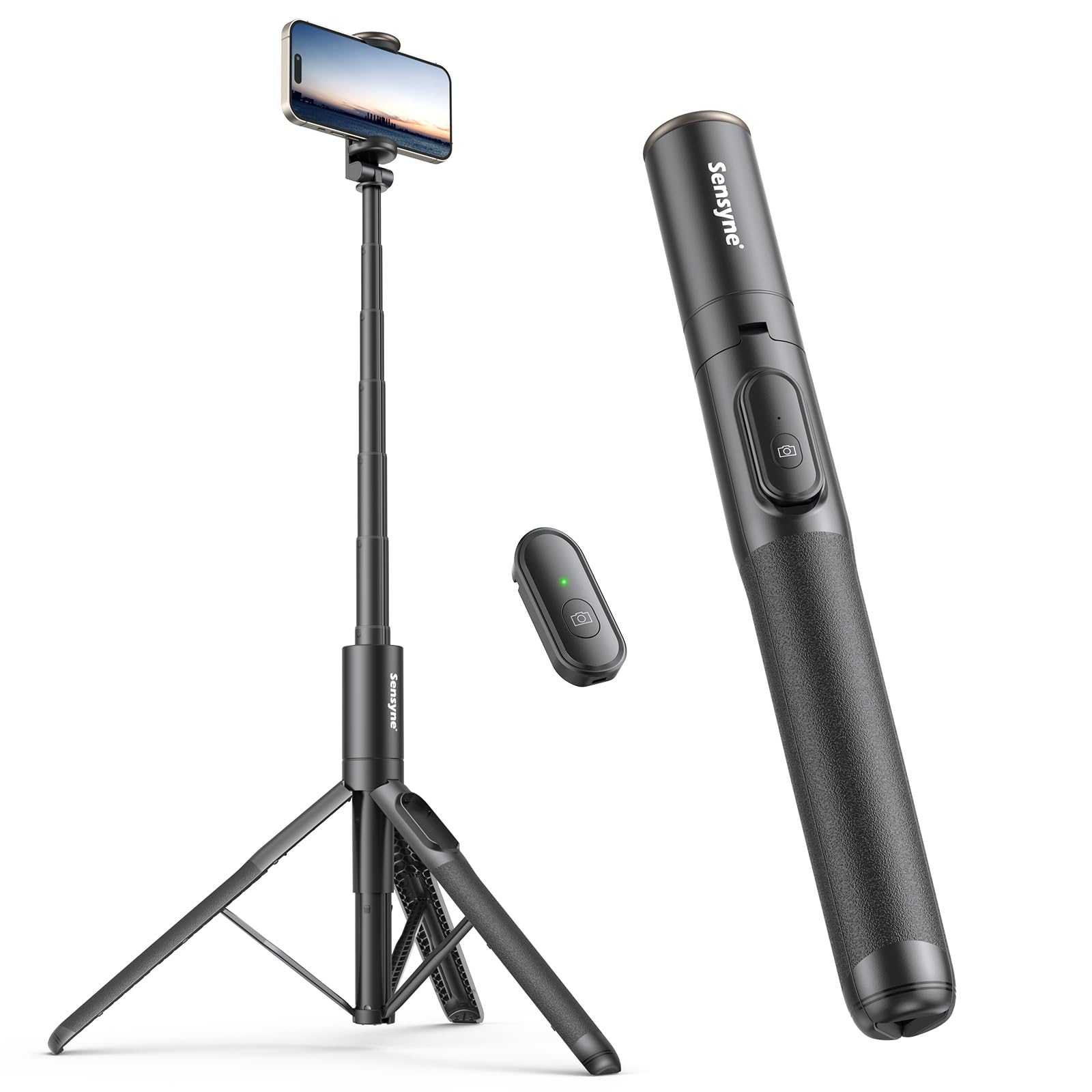 Sensyne 60' Phone Tripod & Selfie Stick, Lightweight All In One Phone Tripod Integrated With Wireless Remote Compatible With All Cell Phones For Selfie/Video Recording/Photo/Live Stream/Vlog(Black)