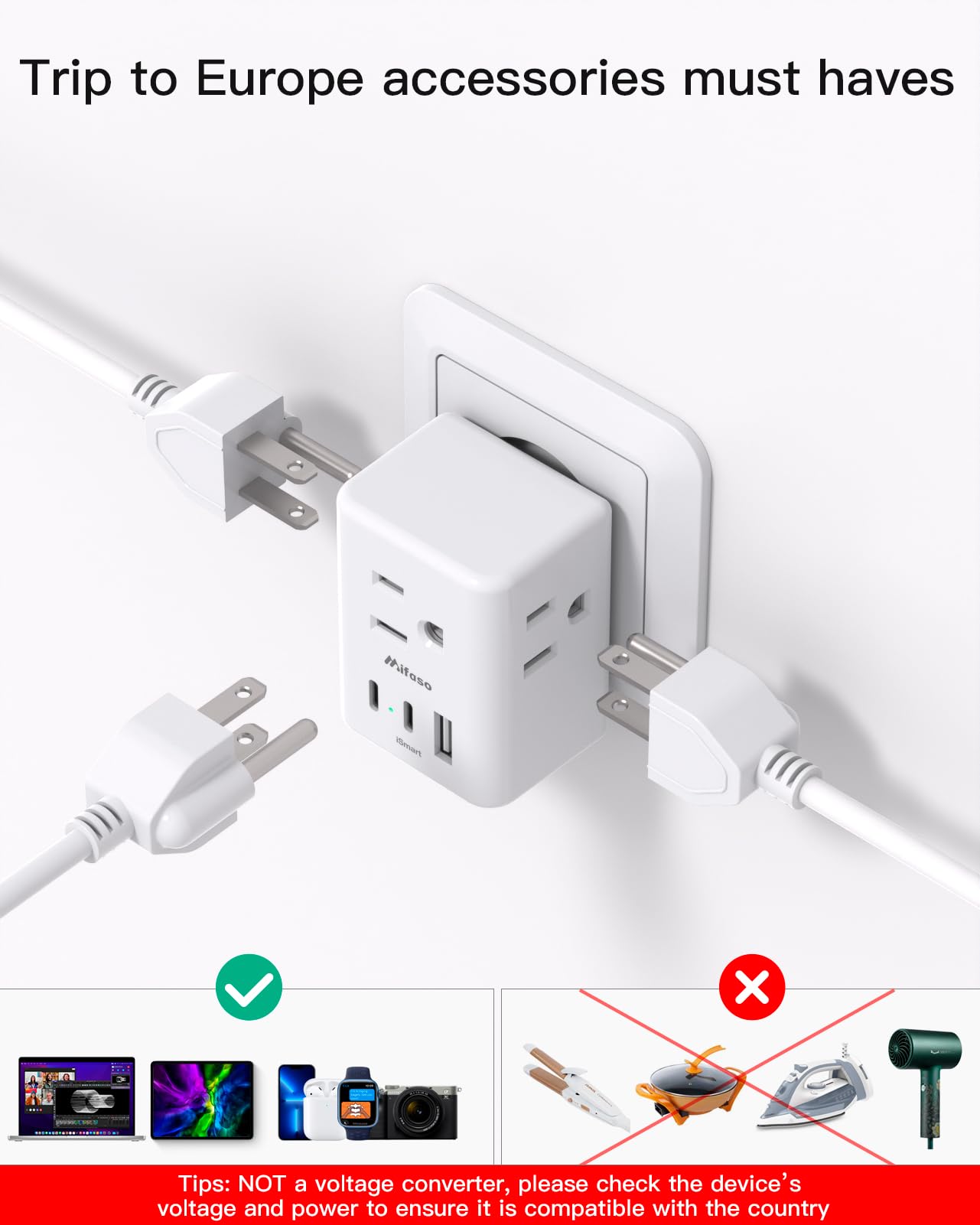 2 Pack European Travel Plug Adapter, International Power Plug Adapter With 3 Outlets 3 Usb Charging Ports(2 Usb C), Type C Plug
