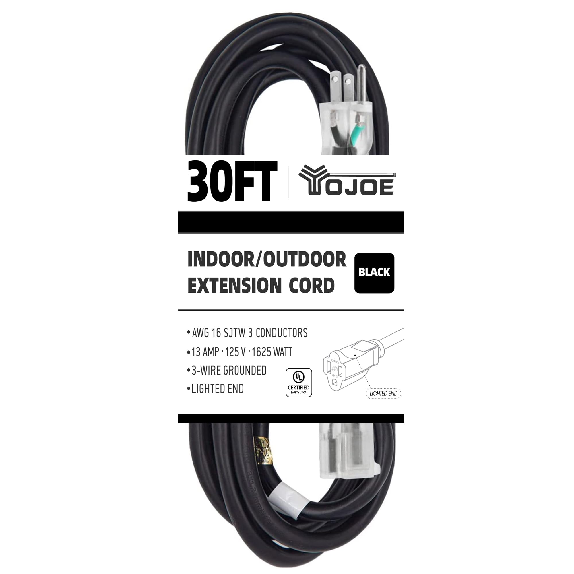 Yojoe Indoor Outdoor Extension Cord With Lighted End, 3 Prong 13A Weatherproof Power Extension Cord, 16 Gauge Heavy Duty 30 Ft B
