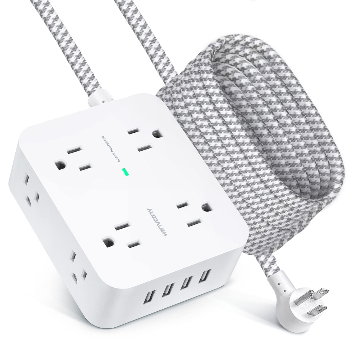 10Ft Surge Protector Power Strip, Extension Cord With 8Ac Outlets And 4 Usb Charging Ports, Flat Plug, Wall Mount, Desk Usb Char