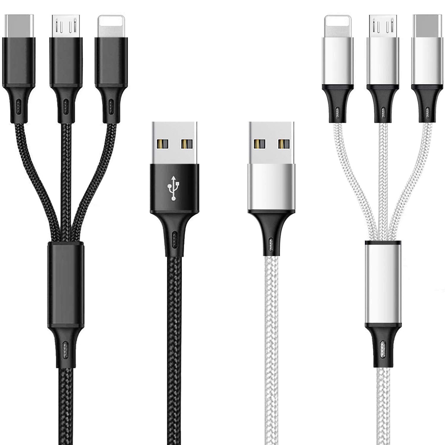 Multi Usb Charging Cable 3A, 3 In 1 Fast Charger Cord Connector With Dual Phone/Type C/Micro Usb Port Adapter, Compatible With Tablets Phone 12 11 Pro 8 7 6 Samsung Galaxy (4Ft/2Pack Charging Only)