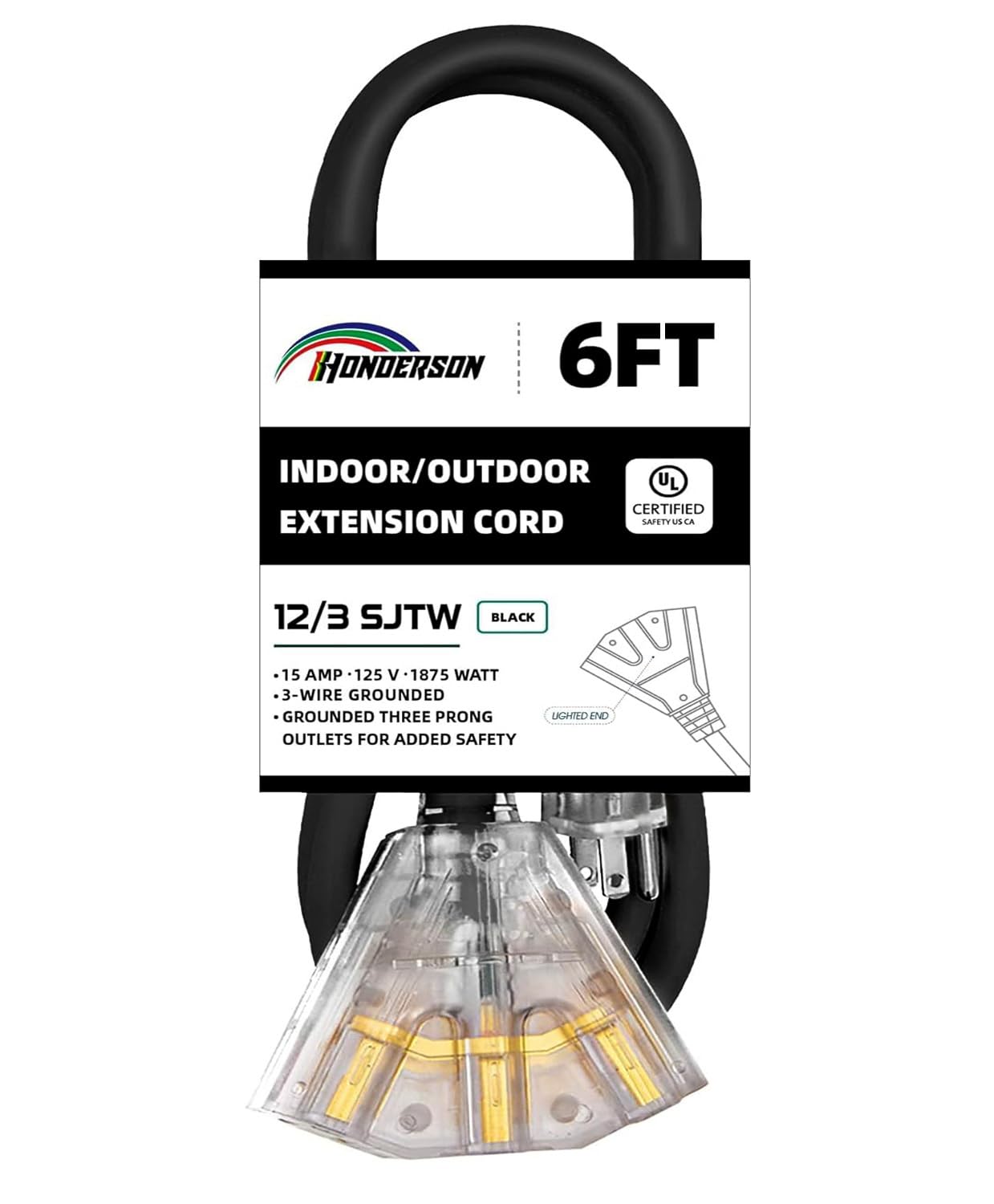 Honderson 3 Outlets Indoor Outdoor Extension Cord Weatherproof With Lighted End, Ul Listed, 12 Gauge 6Ft Black 3 Prong Heavy Dut