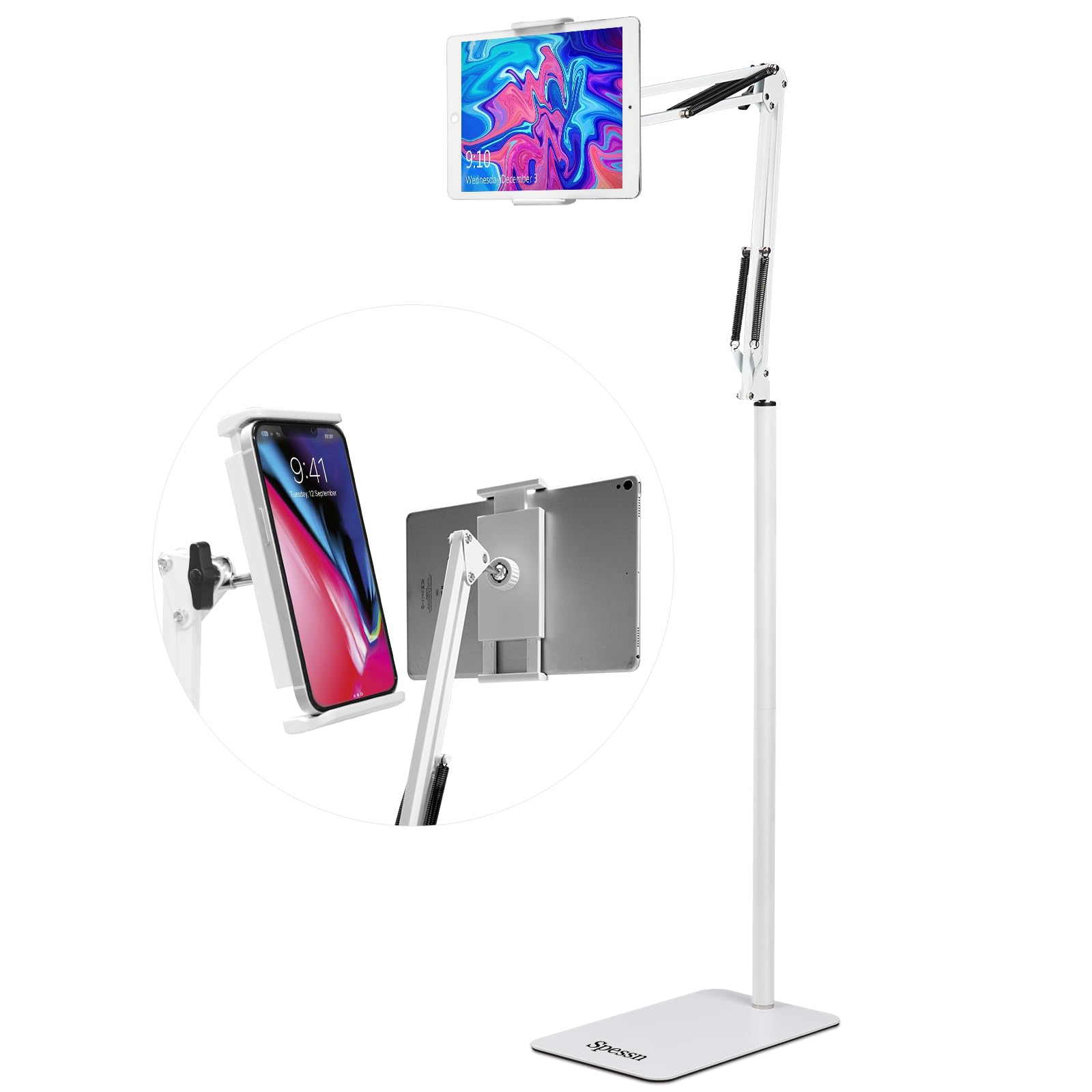 Spessn Adjustable Tablet Floor Stand Universal 360-degree Rotatable Metal Tablet Holder Phone Stand Compatible iPad/iPhoneX/iPad