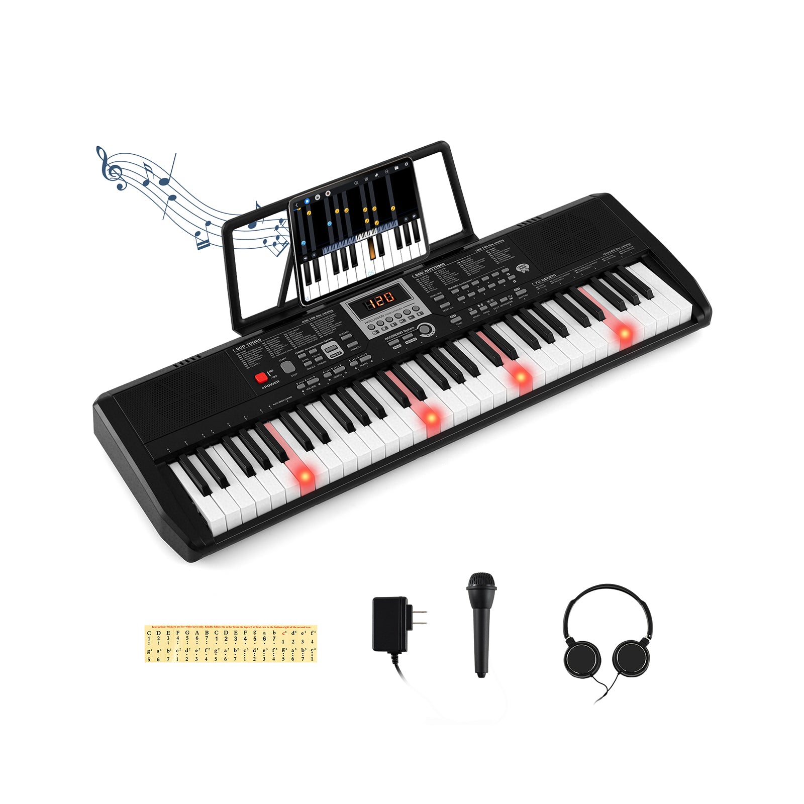 61 Keys Portable Keyboard for Beginners Electric Piano Keyboard Kit with 200 Rhythms and 200 Tones-Black