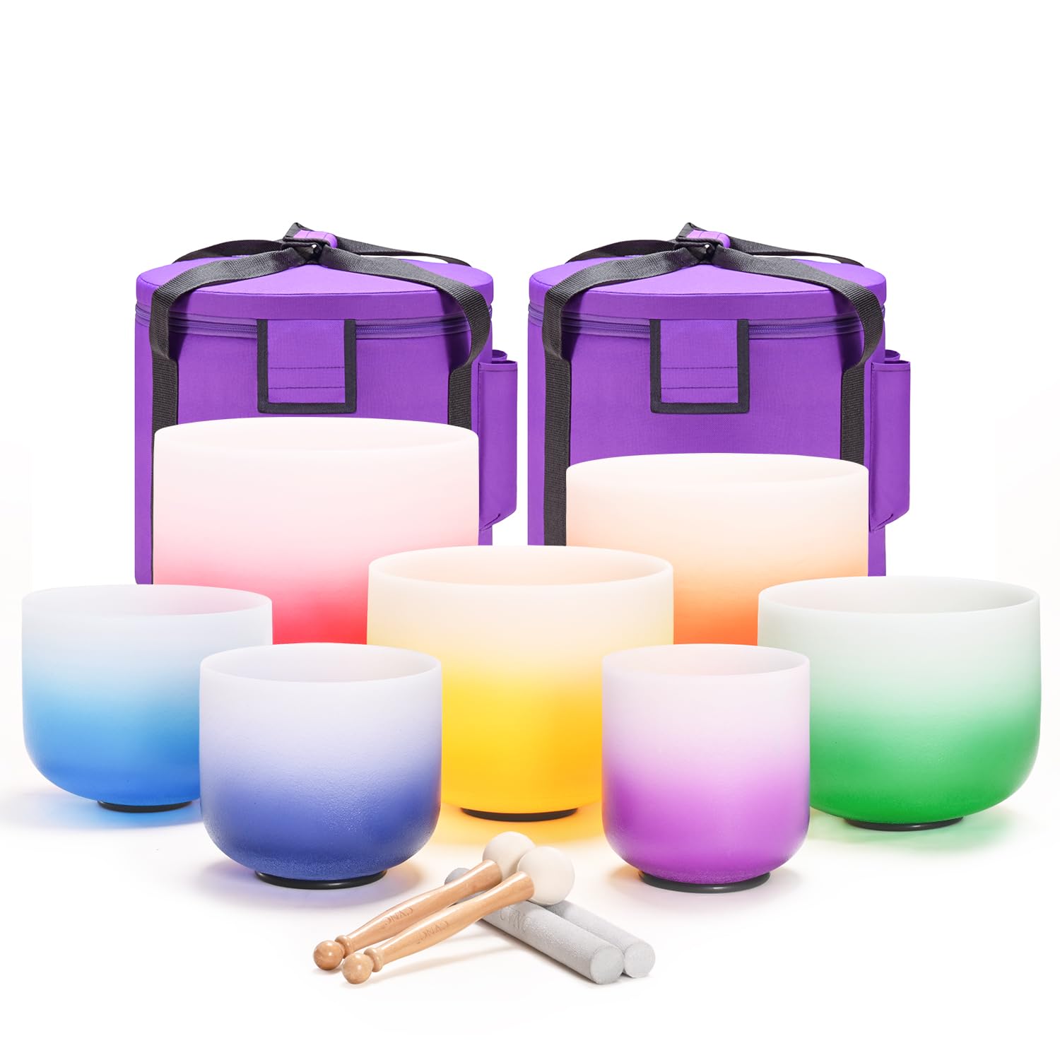 Cvnc 432Hz 6 12 Inch Set Of 7 Pcs Aria Gradient Design Frosted Quartz Crystal Singing Bowls With 2 Pcs Carry Case Bag For Sound
