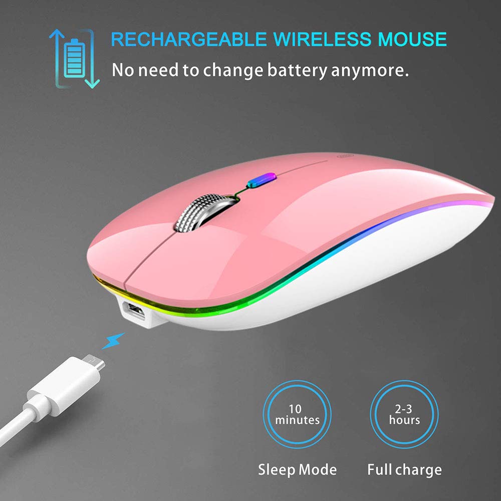 Tenmos Wireless Bluetooth Mouse, Led Slim Dual Mode (Bluetooth 5.1 + Usb) 2.4Ghz Rechargeable Silent Bluetooth Wireless Mouse With Type C Adapter For Laptop/Macbook/Ipad Os 13 And Above (Pink)