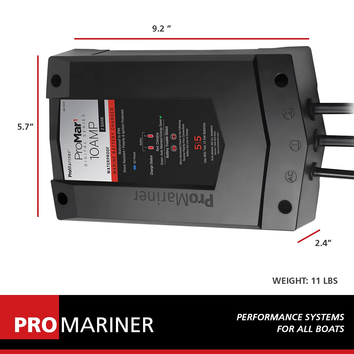 Promariner Batt Chgr, Promar1 Ds, 12V 10A, 2 Bank