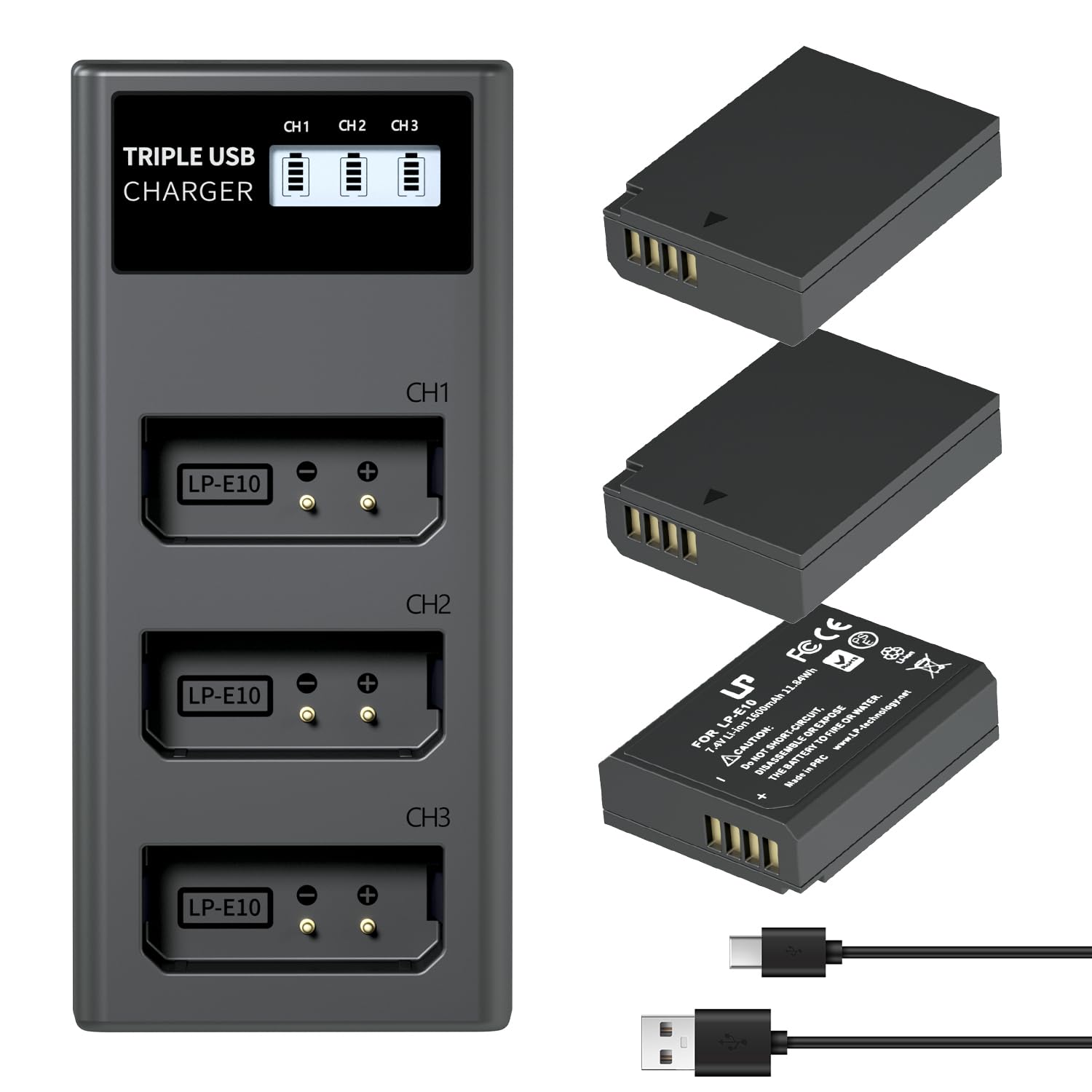 Lp Lp E10 Battery Charger Pack, 3 Pack 1600Mah Replacement Battery, Triple Slot Charger, Usb Battery Charger For Canon Eos Rebel