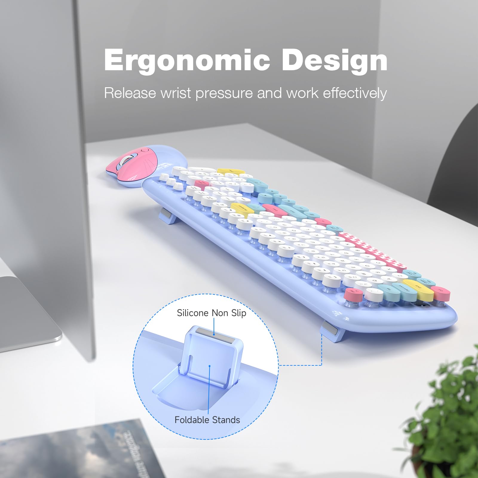 Wireless Keyboard And Mouse Combo, 2.4G Retro Typewriter Wireless Keyboard With Number Pad And Cute Ambidextrous Wireless Mouse