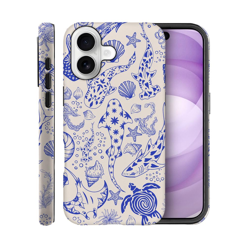 Case for iPhone 17,Fits Frosted Case Design for Girl Women,Sharks Turtles Shells Seaweed Blue