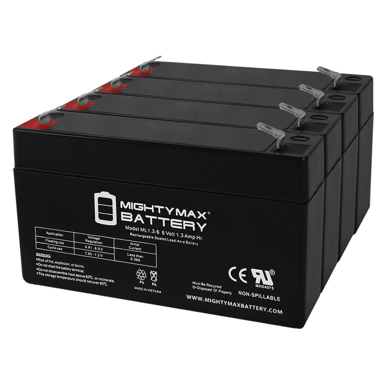 Mighty Max Battery ML1.3-6 6V 1.3AH SLA Battery F1 Terminal - Pack of 4