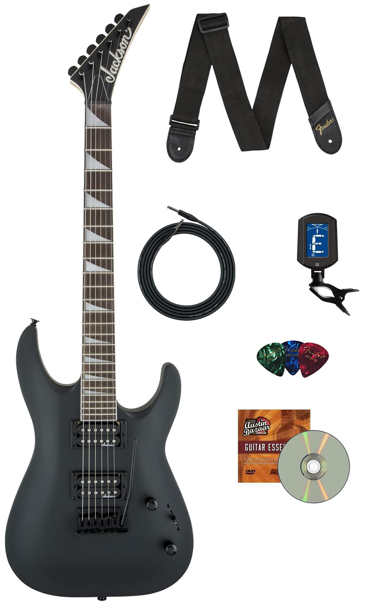 Jackson Dinky Arch Top JS22 DKA Electric Guitar - Satin Black Bundle with Cable, Tuner, Strap, Picks, and Austin Bazaar Instruct