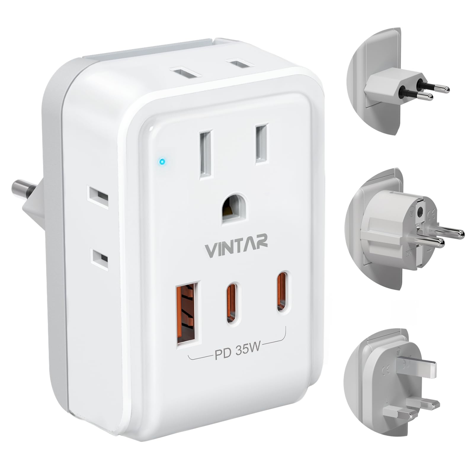 European Travel Plug Adapter Kit, Vintar Pd 35W International Power Adapter With 3 Usb Ports (2 Usb C) And 4 Ac Outlets, Type C,