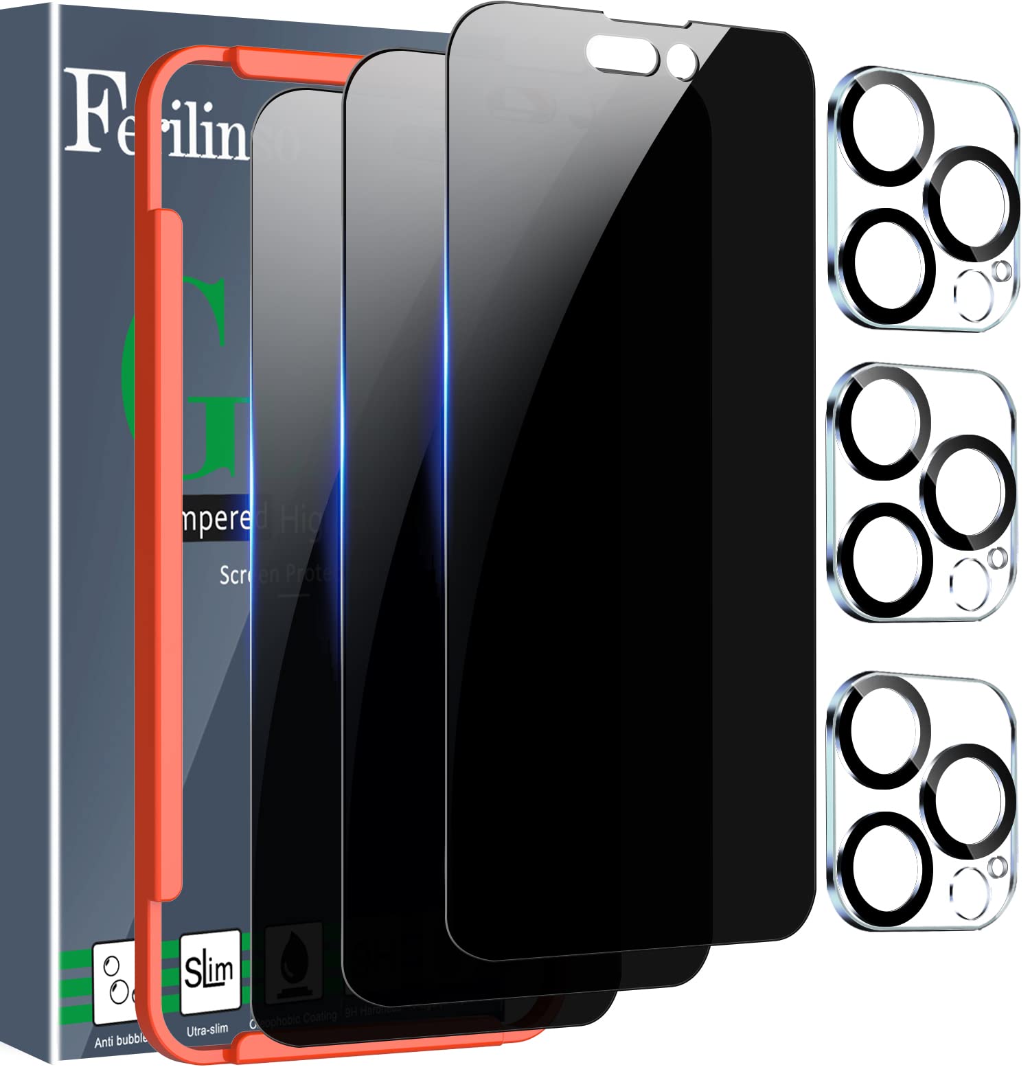 Ferilinso [3+3 Pack] For Apple Iphone 14 Pro Max Privacy Screen Protector Tempered Glass Accessories 3 Pack 9H Anti Spy Privacy 