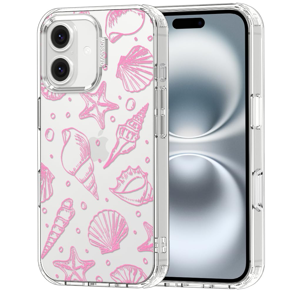 MOSNOVO for iPhone 16 Case, Shockproof Military-Grade Protection 6.6ft Drop Tested, Clear Phone Case for iPhone 16, Pink Seashel
