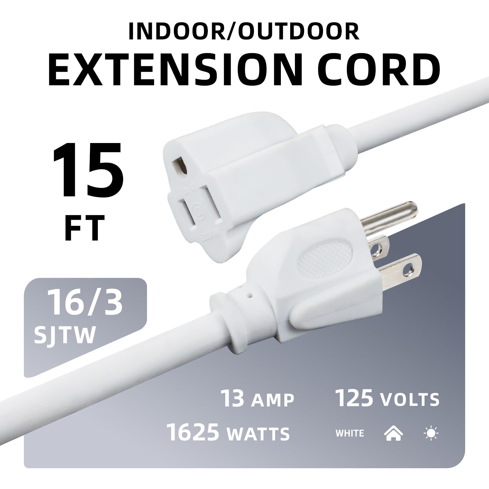 Ep 15 Ft Outdoor Extension Cord   16/3 Sjtw White Electrical Cable With 3 Prong Grounded Plug, Ul Listed