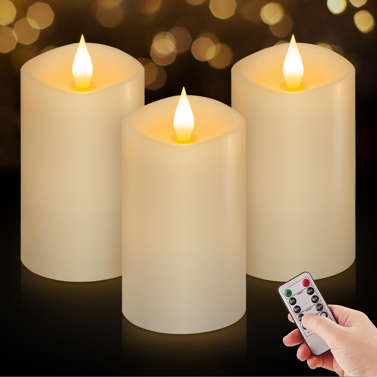 ASLDOIWEH 3 x 5 White Flameless Candles Set of 3, 2AA Battery Life 600 Hours Battery Candles Flickering with Timer, 5 inch Flame