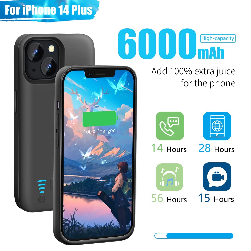 Sitong Battery Case For Iphone 14 Plus, 6000Mah Rechargeable Extended Battery Charging/Charger Case, Add 100% Extra Juice, Suppo