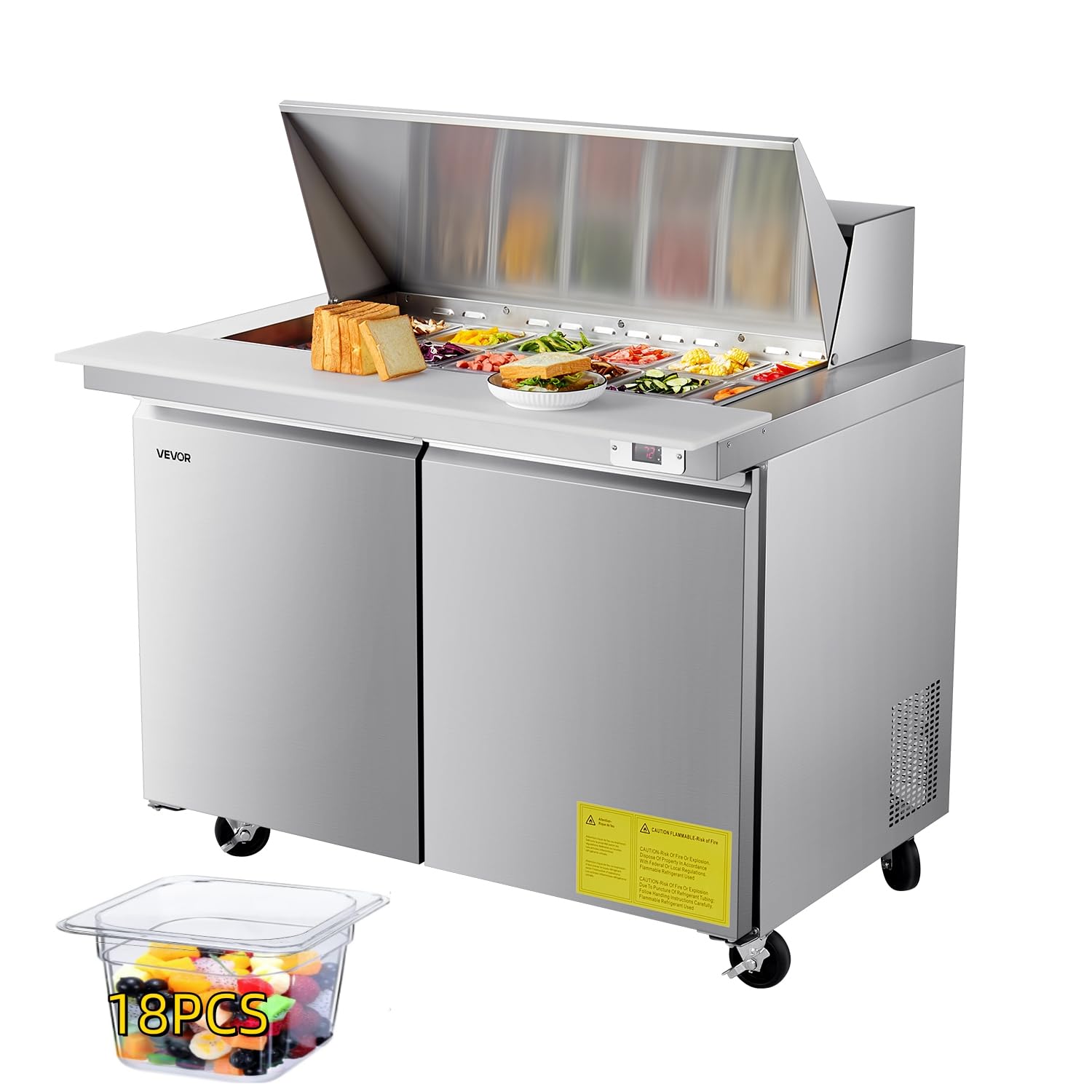 VEVOR 48W Commercial Refrigerator, 12.5 Cu. Ft Sandwich Prep Refrigerated Table, Mega Top Food Prep Fridge with 18 Pans and Cutt