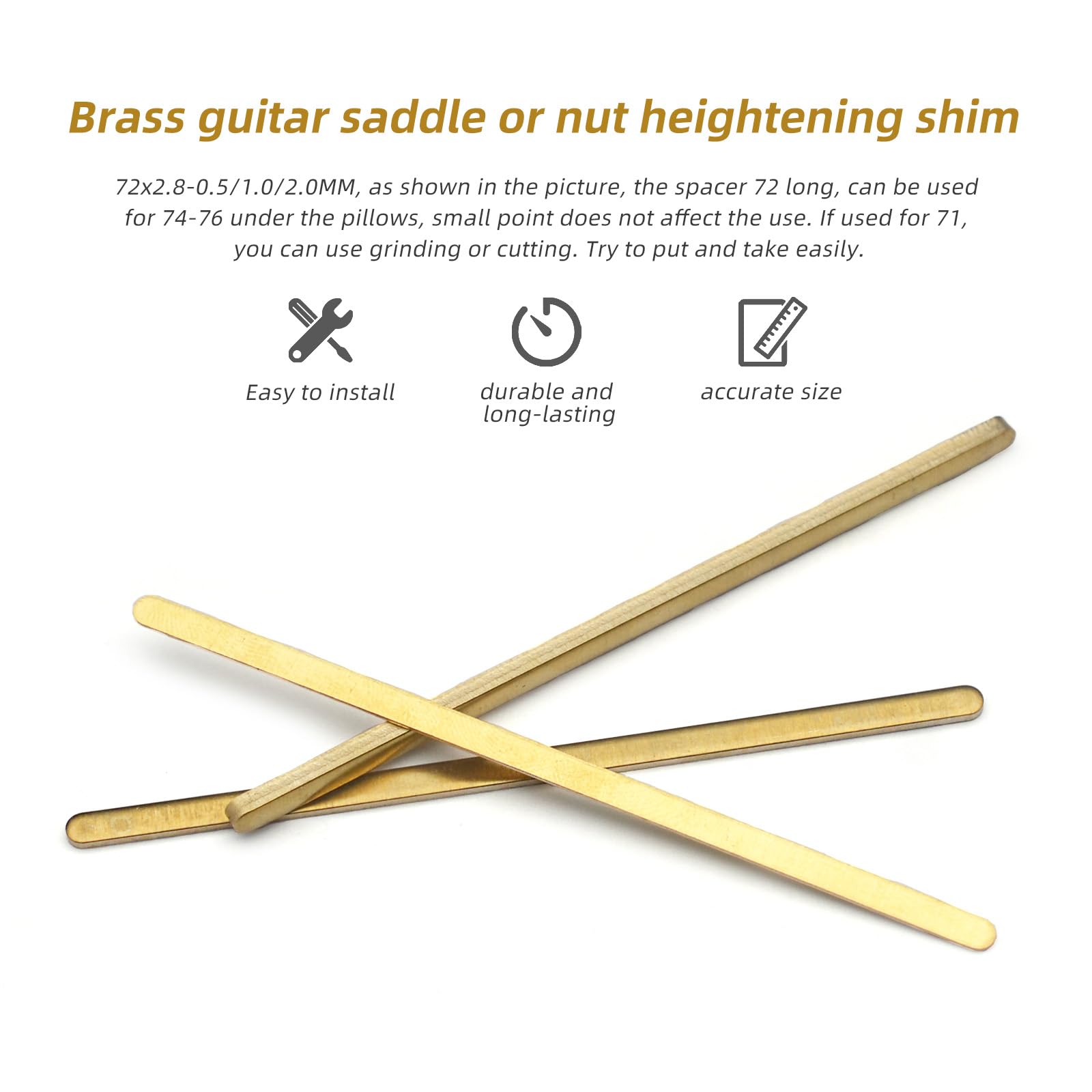 Maxcheer 3Pcs Saddle/Nut Height Adjusting Shim Brass Durable Heightening Gasket 72X2.8Mm Three Thicknesses Of 0.5/1.0/2.0Mm Luth