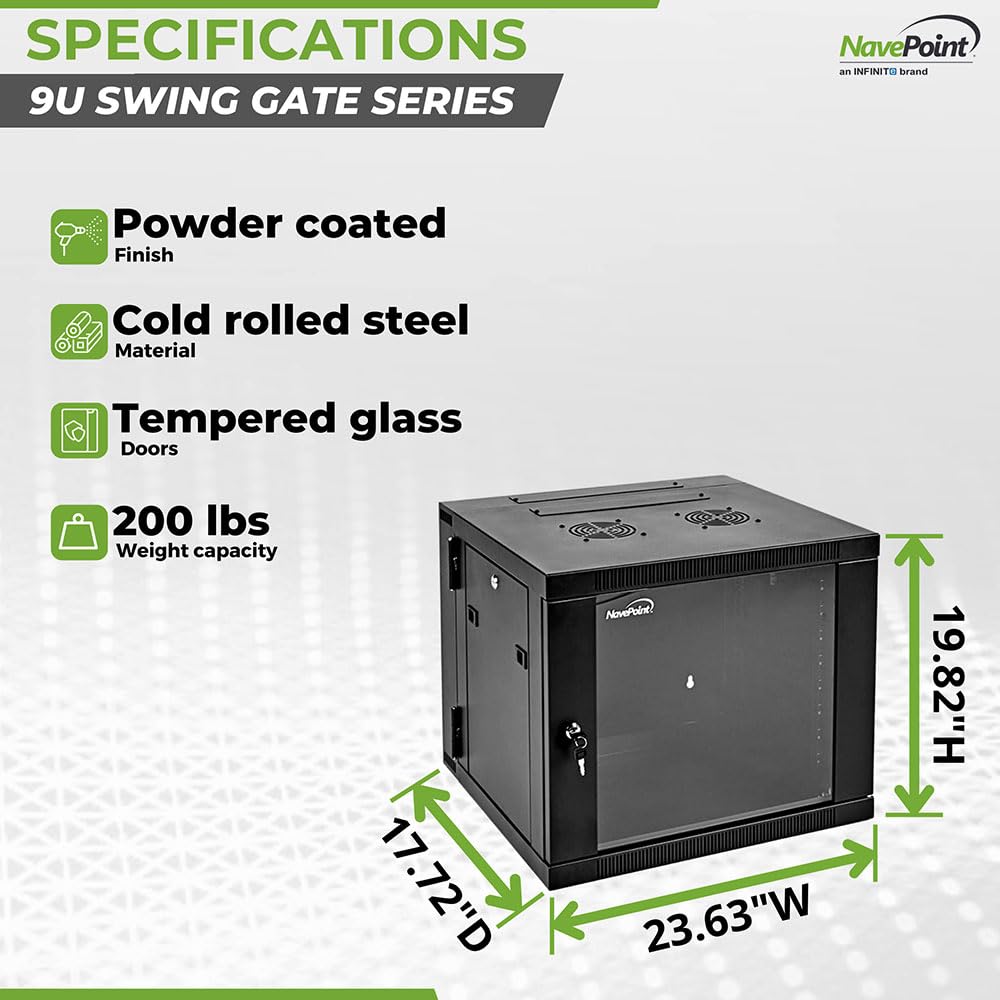 Navepoint 9U Server Cabinet With Hinged Back   17.7    Deep, 9U Server Rack Enclosure With Locking Glass Door, Wall Mount Rack W