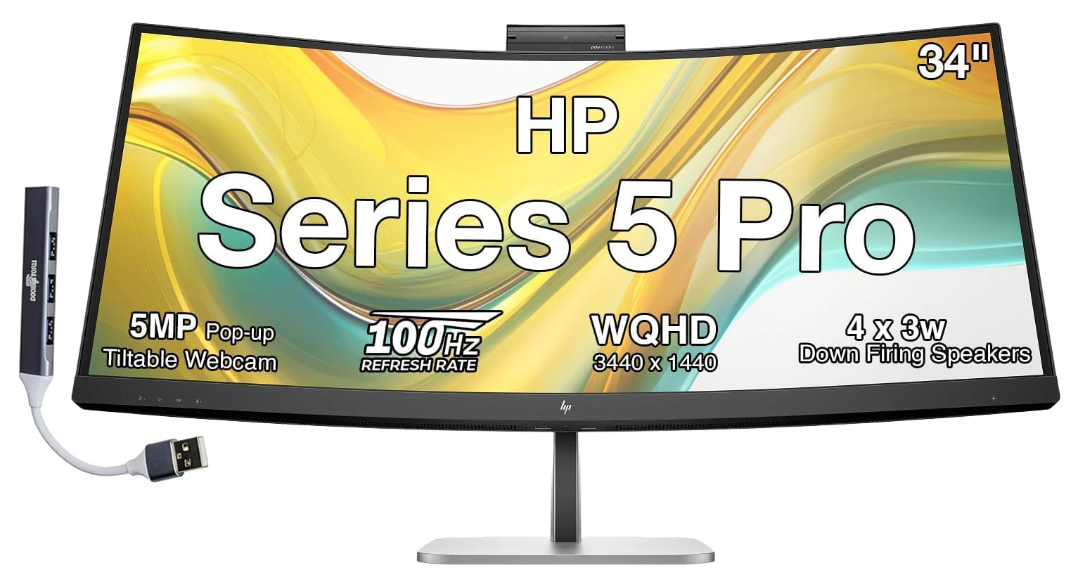 HP Series 5 Pro 34 WQHD USB-C Conferencing Monitor, 5MP Pop-up Webcam, 4x3W Speakers, Tilt, Swivel, Height Adjustment Mount, Dis