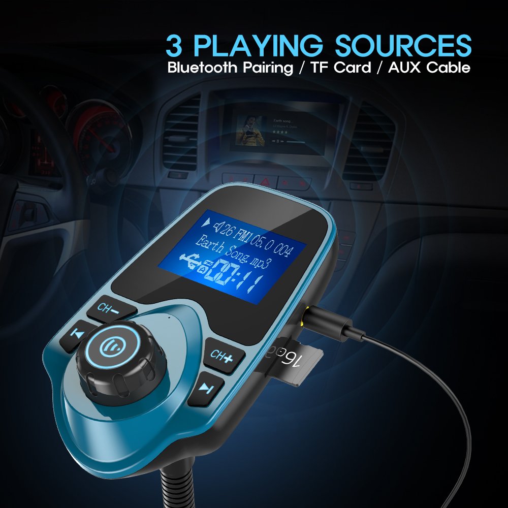 Nulaxy Bluetooth Car Fm Transmitter Audio Adapter Receiver Wireless Handsfree Voltmeter Car Kit Tf Card Aux 1.44 Display � Km18 Peacock Blue