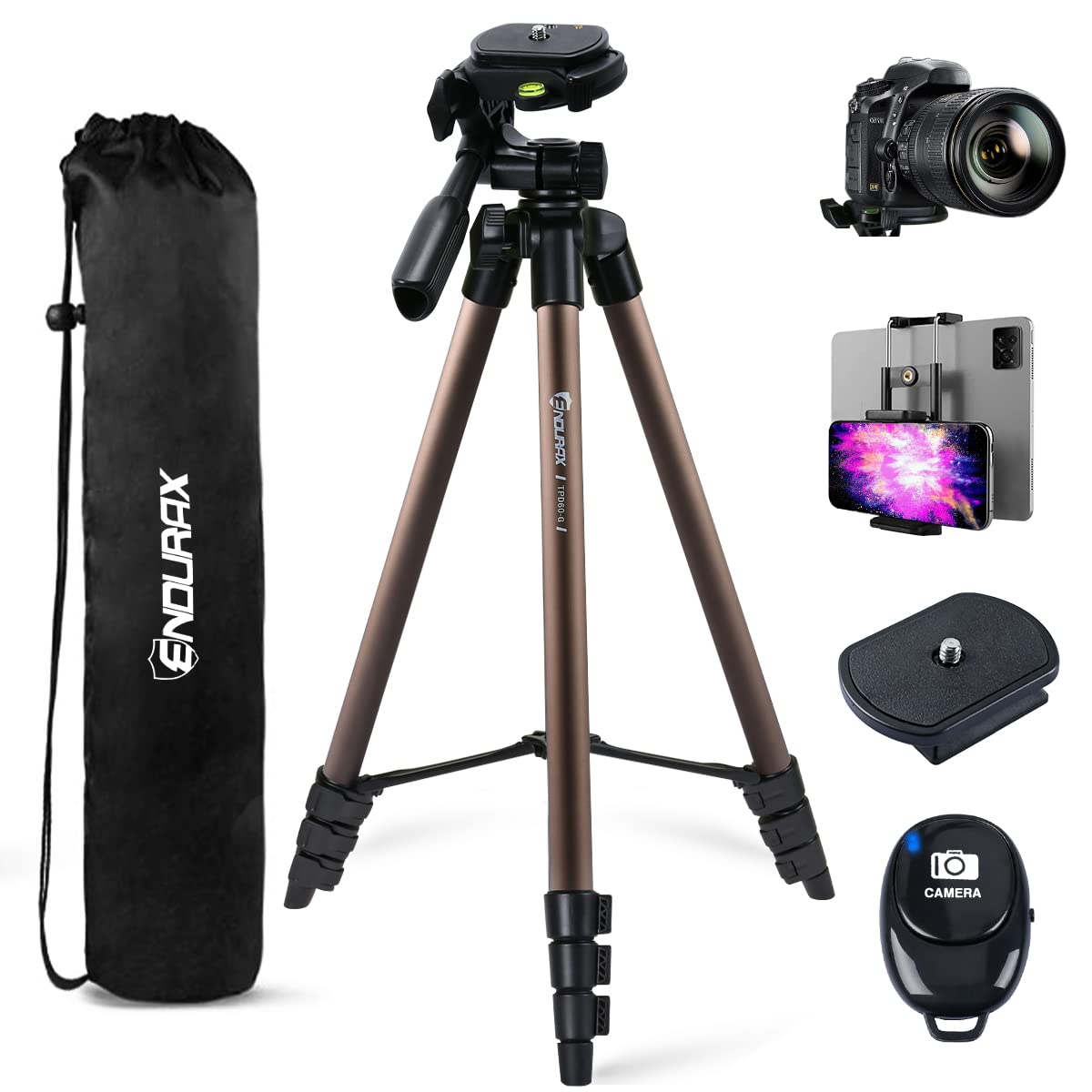 Endurax 60'' Tripod For Camera Canon Nikon Dslr, Camera Phone Tripod With Universal Holder, Carry Bag, Max. Load 6.6 Lbs