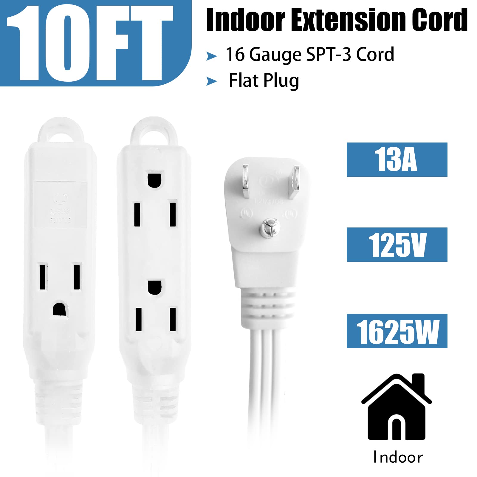 Greatide 10 Ft 3 Outlet Extension Cord With Flat Plug, 3 Prong Grounded, 16/3 Spt 3 Power Cable For Indoor Use, White, 2 Pack