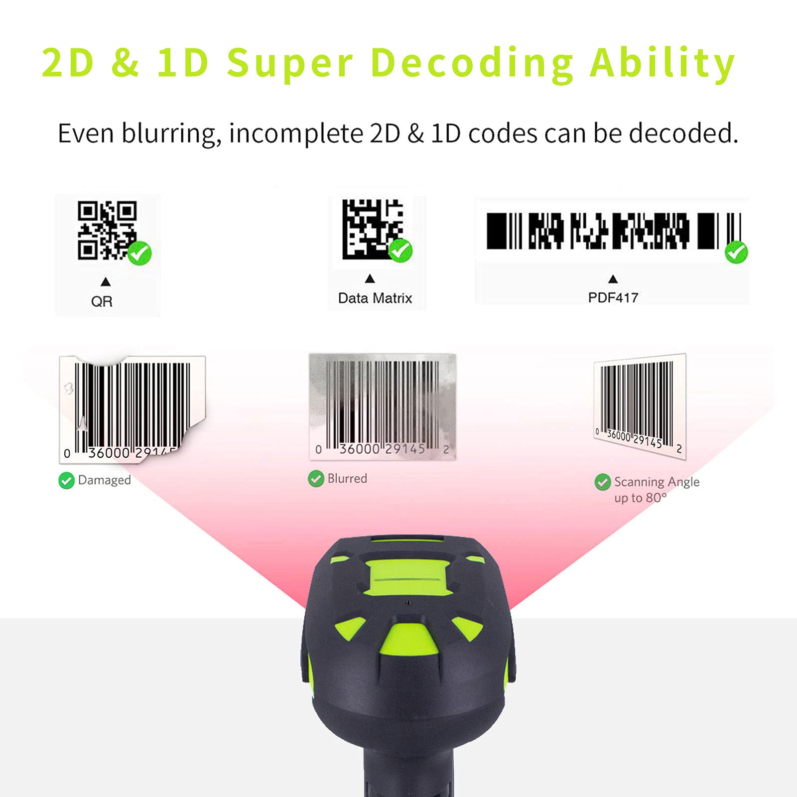 Symcode 2D Bluetooth Barcode Scanner With Wireless Charging Stand 1968 Feet Transmission Distance 433Mhz Usb Qr Automatic Barcod