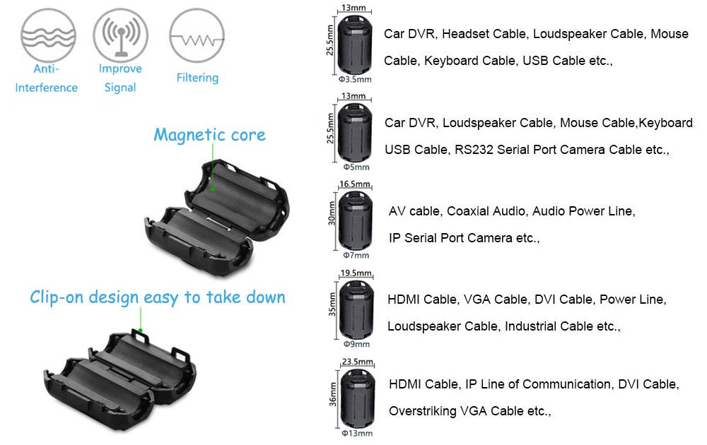Yarachel 50Pcs Ferrite Ring Core Ferrite Beads Clip Rfi Emi Noise Suppressor Cable Clip For 3.5Mm/ 5Mm/ 7Mm/ 9Mm/ 13Mm Diameter