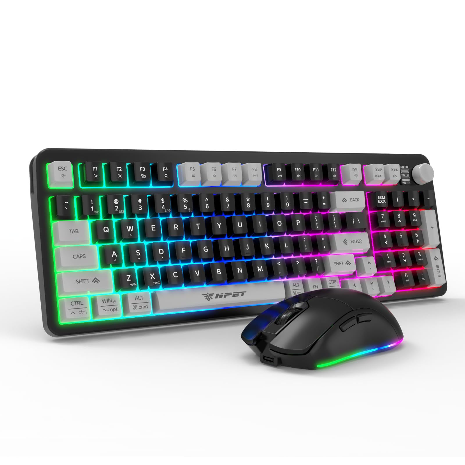 NPET Gaming Keyboard and Mouse Wireless with Tri-Mode, 98 Keys RGB Keyboard with Knob and Gaming Mouse, 12 Multimedia Keys for W