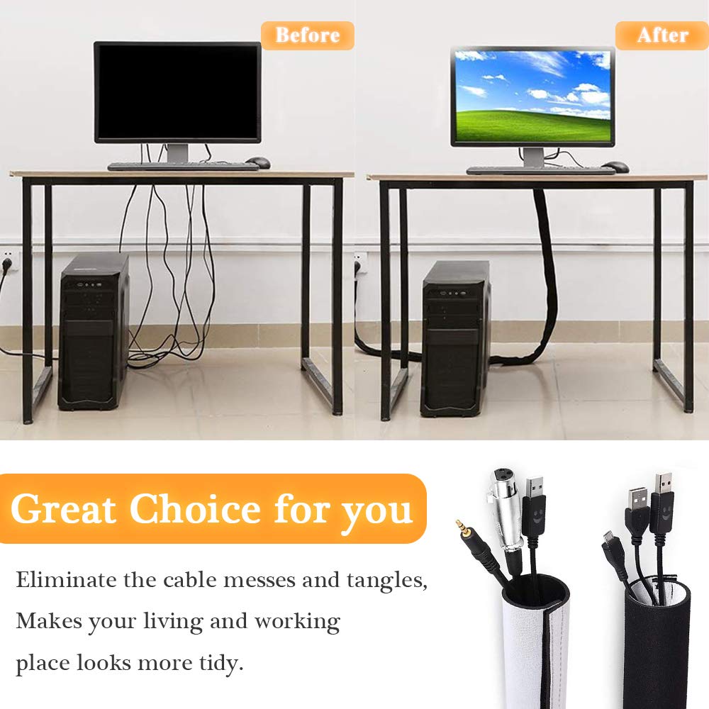 120'' Neoprene Cable Management Organizer, Reversible Flexible Cuttable Diy Hole Cord Hider Cover Sleeve For Office Tv Computer