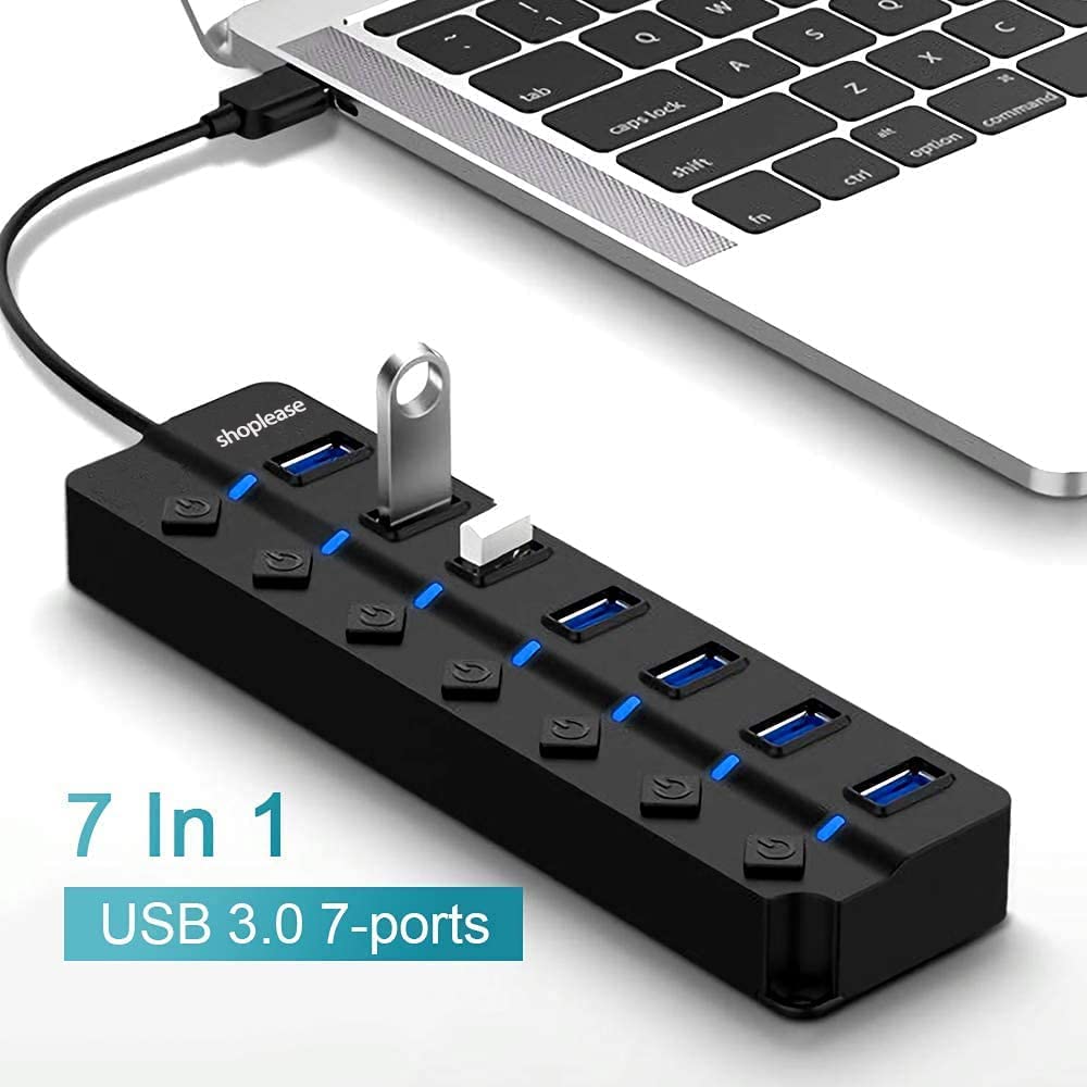 7 Port Usb 3.0 Hub With Individual Power Switches And Led Lights, High Speed Data Hub Splitter Portable Usb Extension Hub For Pc Laptop And More (No Power Adapter)