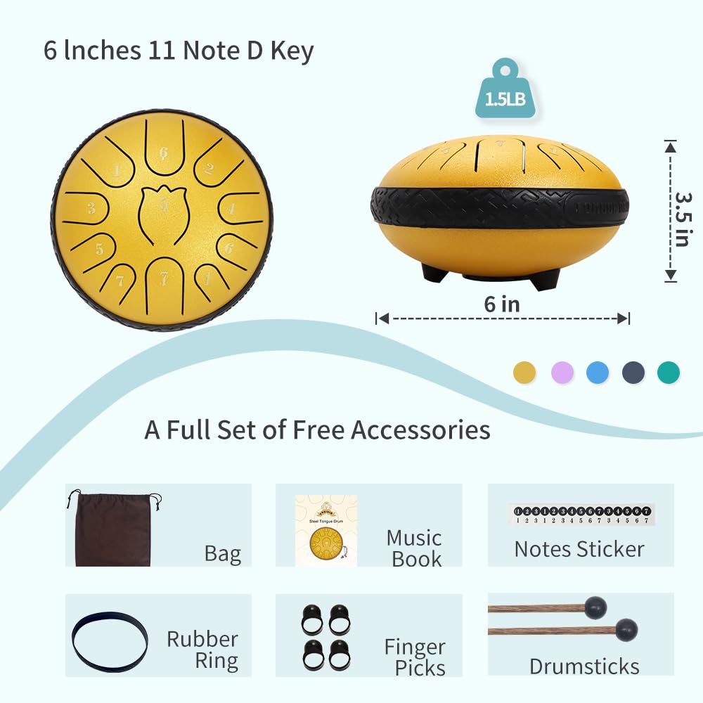 Steel Tongue Drum 6 Inche 11 Note Steel Drums Rain Chime,Raindrop Drum,Rain Drum For Outside Garden(Yellow)