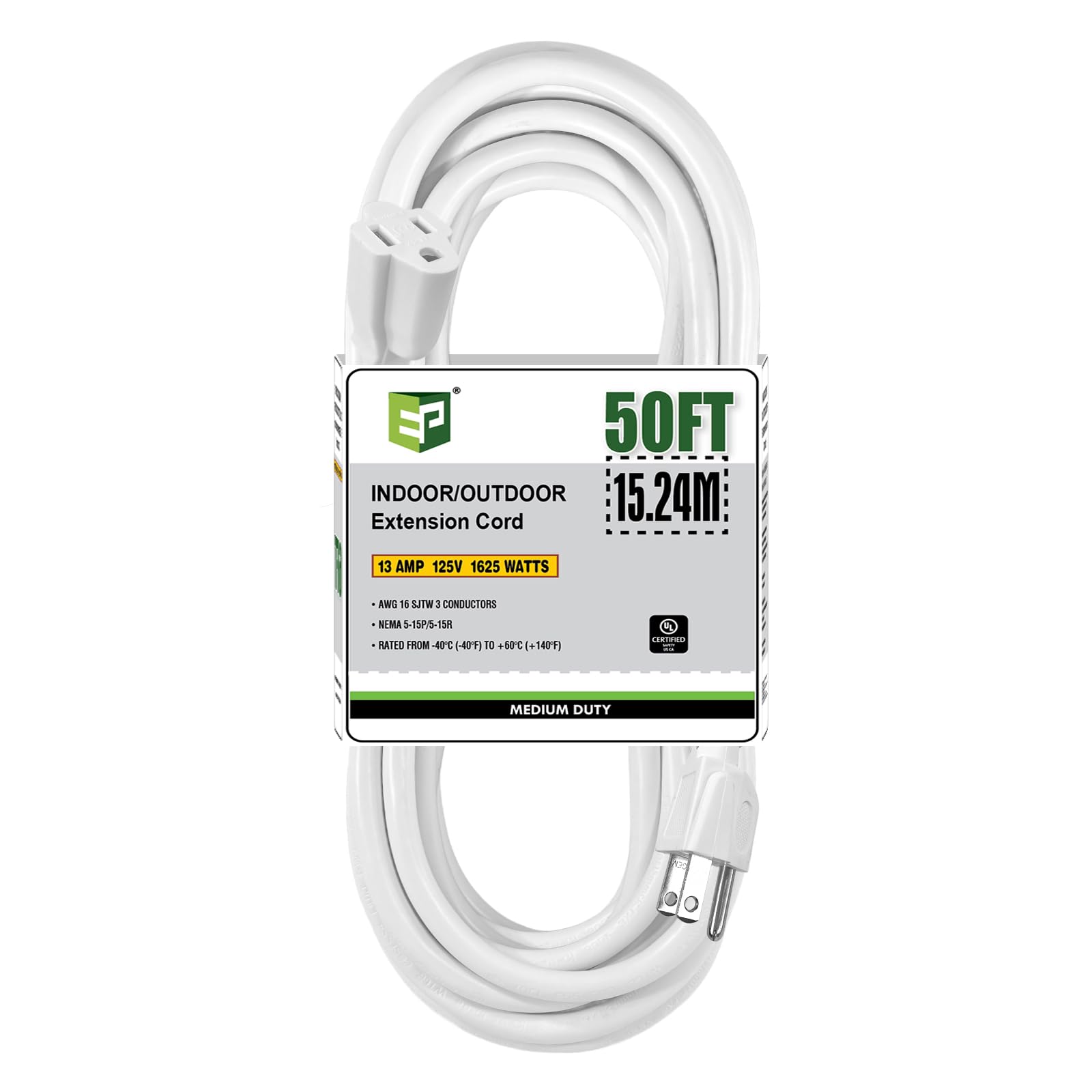Ep 50 Ft Outdoor Extension Cord   16/3 Sjtw White Electrical Cable With 3 Prong Grounded Plug, Ul Listed