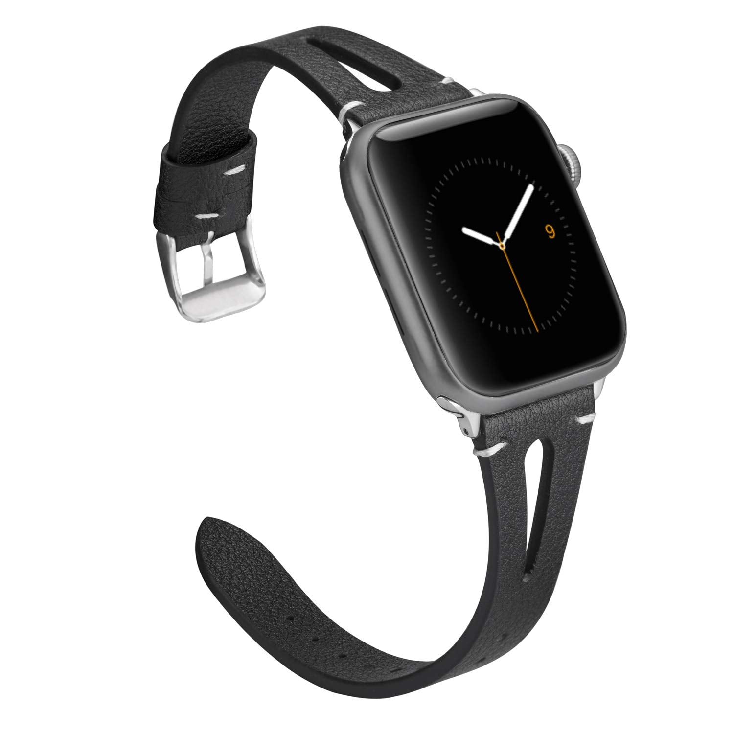 Wearlizer Black Leather Compatible with Apple Watch Bands 38/40/41/42mm for iWatch SE Womens Mens Special Straps Triangle Hole W