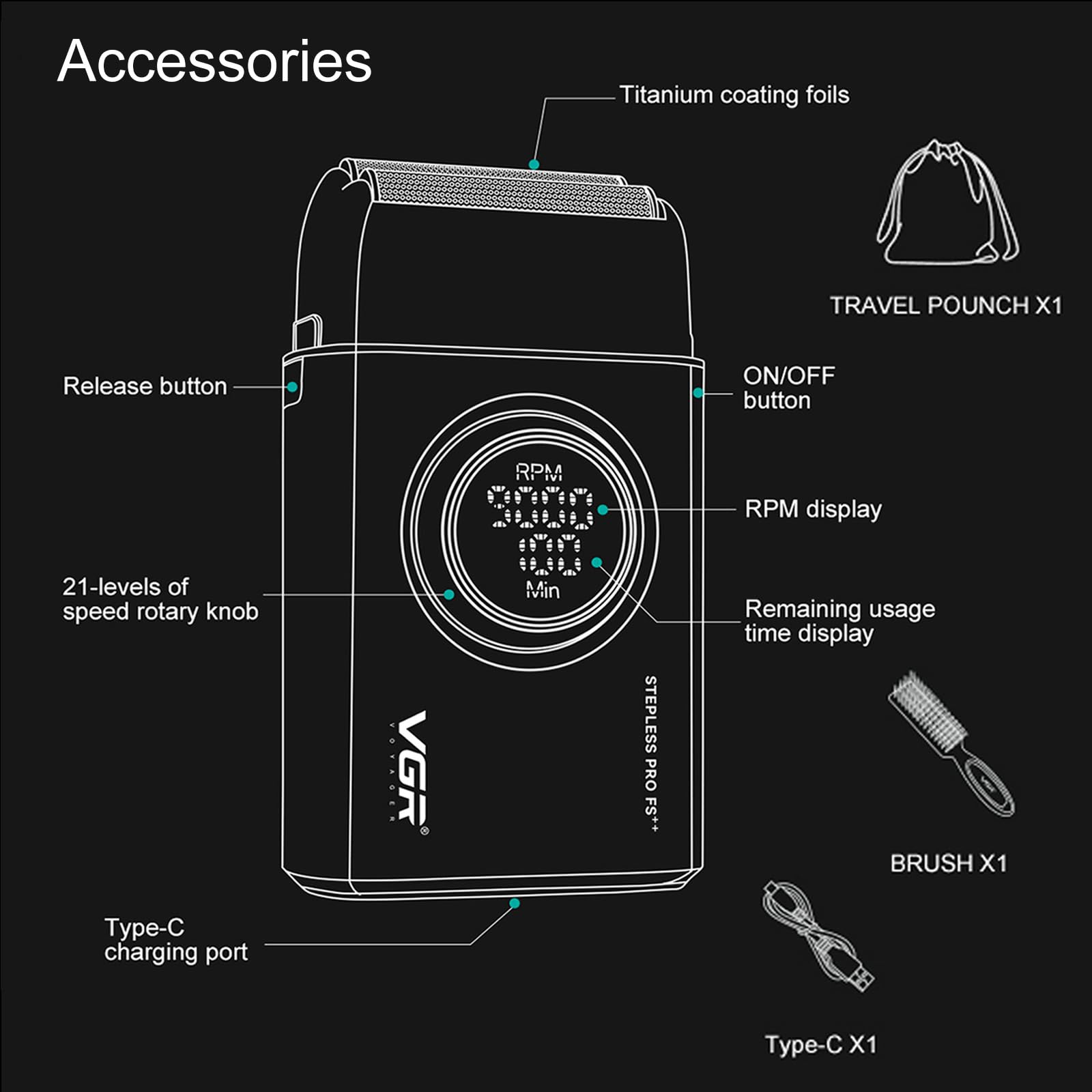 Vgr 377 Foil Shaver For Men, Electric Razor For Shaving Face With Double Foil, 21 Speed 9000 Rpm Motor Bald Shavers Led Display